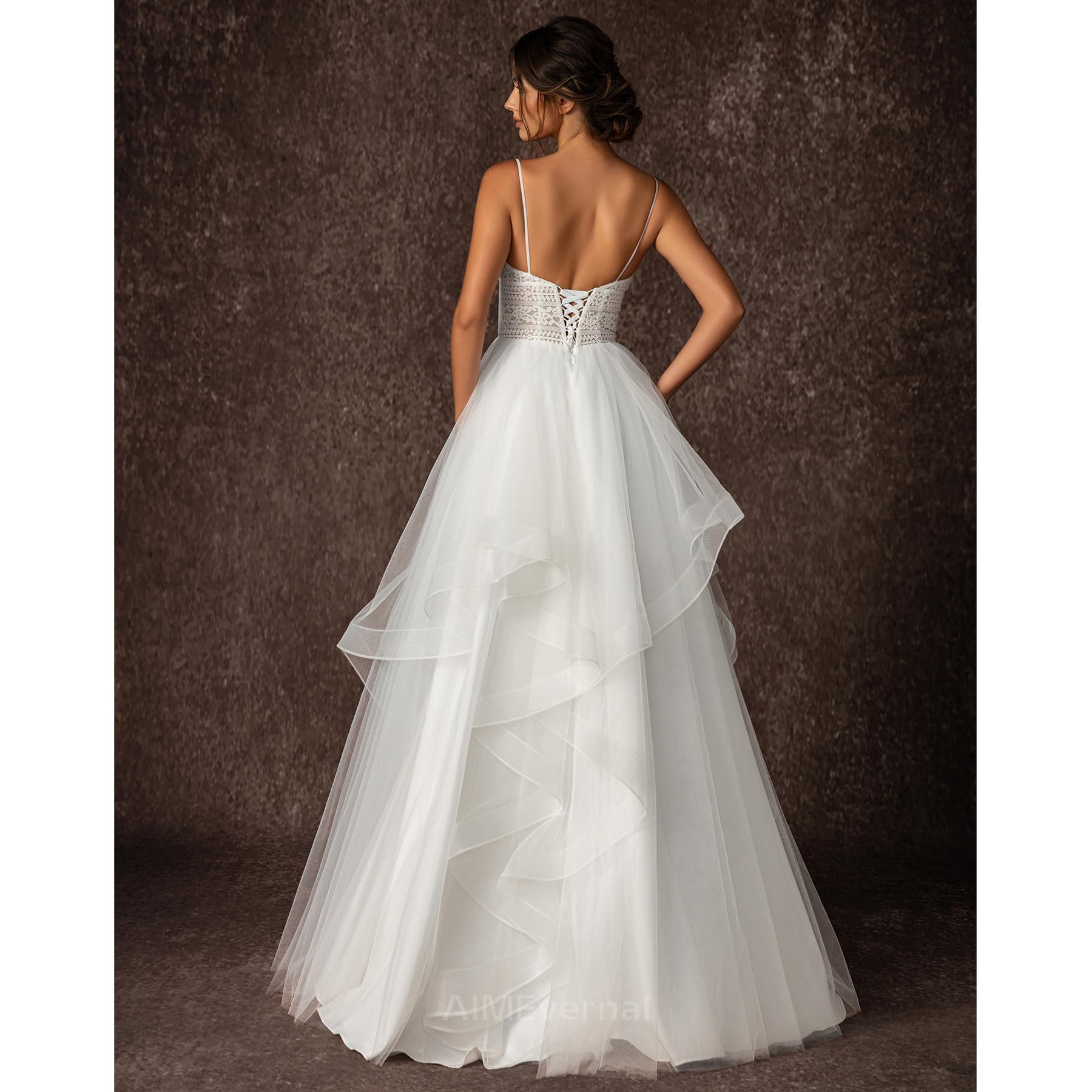 Boho Tiered Tulle Wedding Dress for Women - V Neck Adjustable Strap Slip Dress, Sexy Beach Bridal Gown for Outdoor Ceremony & Destination Weddings