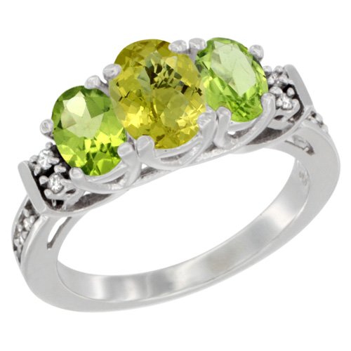 10K White Gold Oval Lemon Quartz & Peridot 3-Stone Ring with Diamond Accents - Elegant Ladies Jewelry for Weddings, Anniversaries & Special Occasions