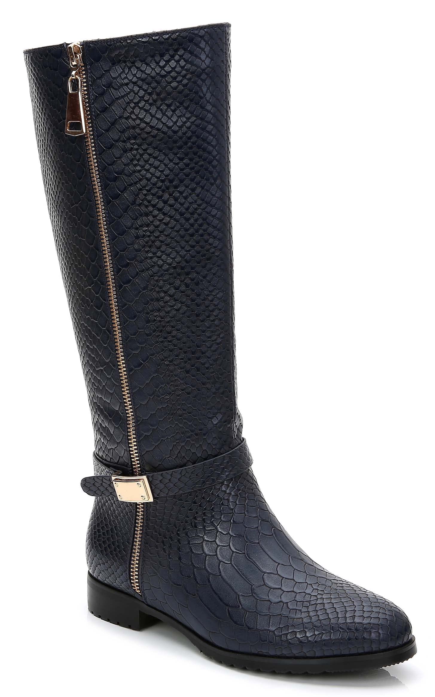 ANN CREEK Women's Low Chunky Heel Boots with Crocodile-Pattern Accent Straps - Navy Blue | Comfortable Ankle Booties for Casual Outfits & Office Wear