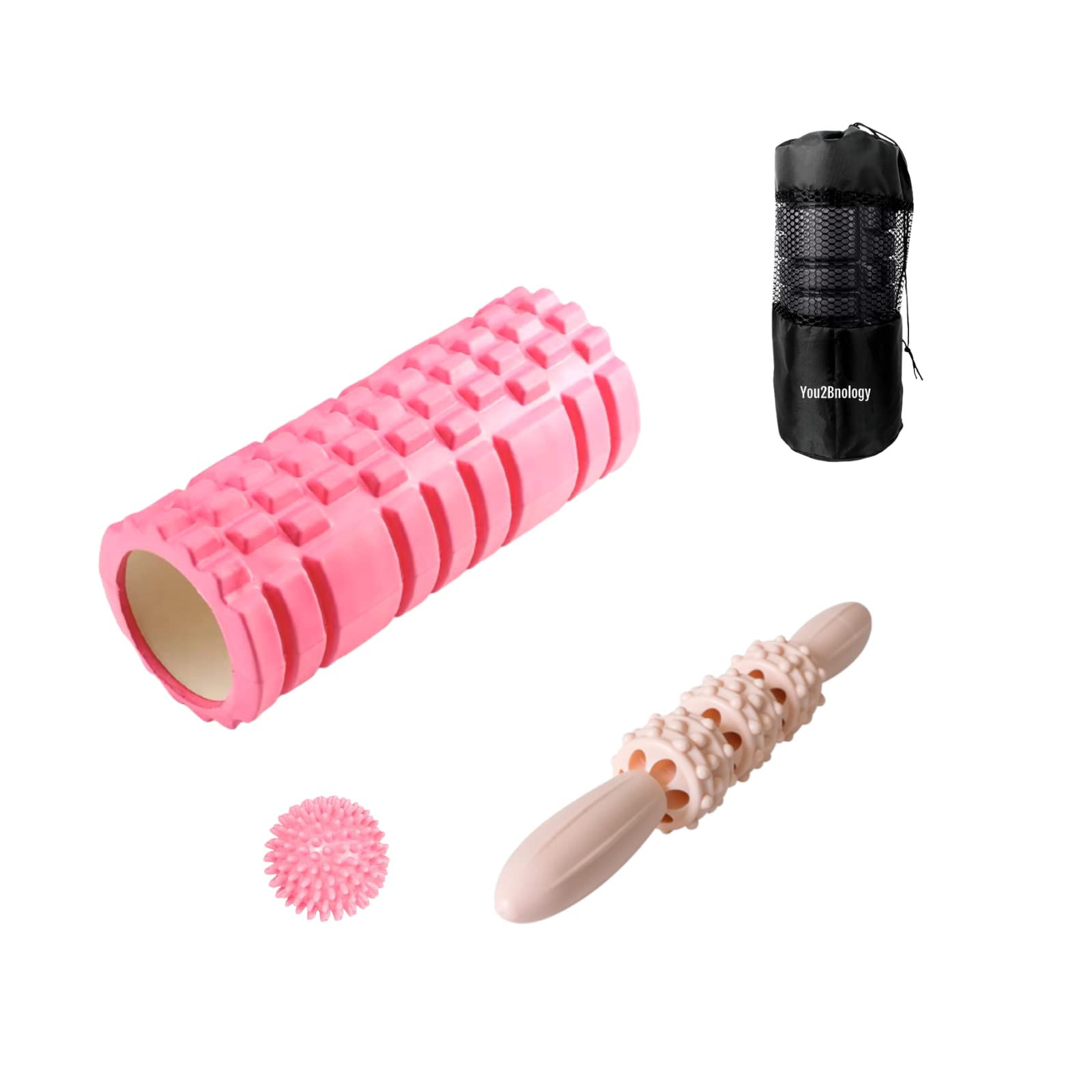You2bnology 4-in-1 Foam Roller Kit for Deep Tissue Massage & Muscle Recovery - 33cm Massage Roller Stick, Therapy Ball for Myofascial Release, Pain Relief & Balance Exercises (Pink) - Perfect for Athletes, Yoga & Home Workouts