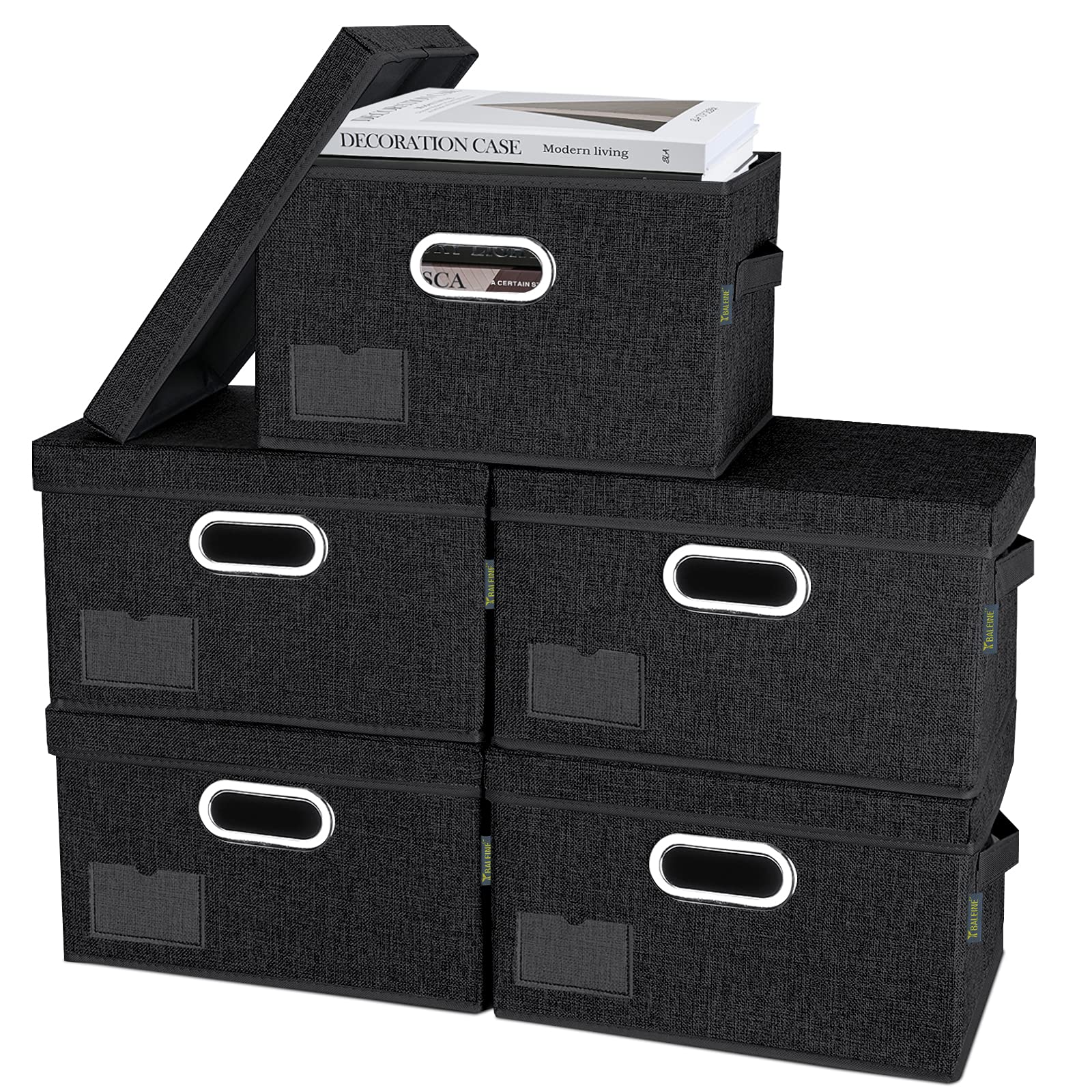 Foldable Fabric Storage Bins with Lids - 5 Pack Black Medium Collapsible Closet Organizers for Bedroom, Office & Home Organization | Space-Saving Storage Solutions for Clothes, Toys & Seasonal Items
