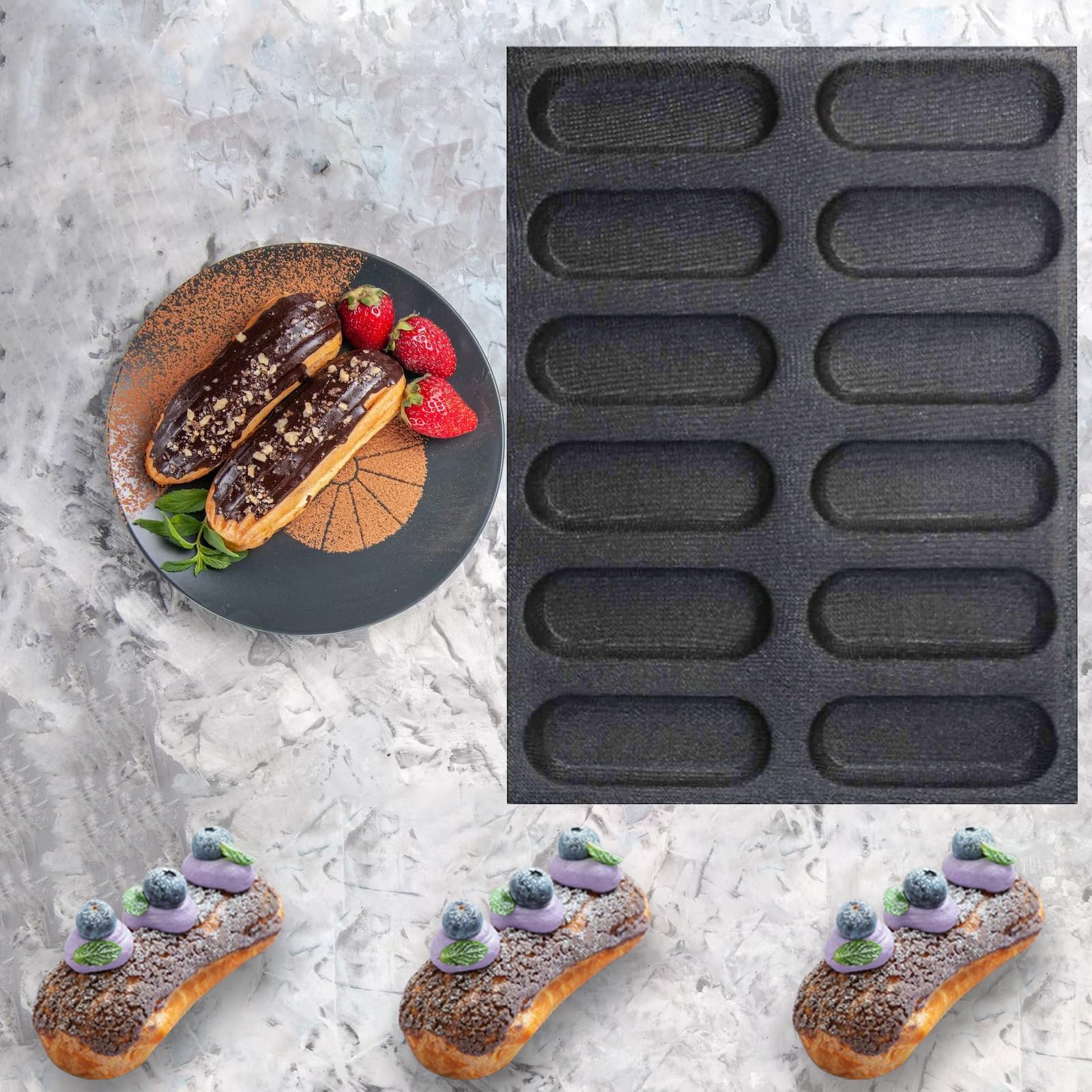 Premium Silicone Perforated Bread Baking Mold Set - 12 Non-Stick Oblong Hot Dog Bun Molds for Crispy Rolls, Eclairs & Milk Bread | Perfect for Home Bakers, Commercial Kitchens & Bread Making Enthusiasts