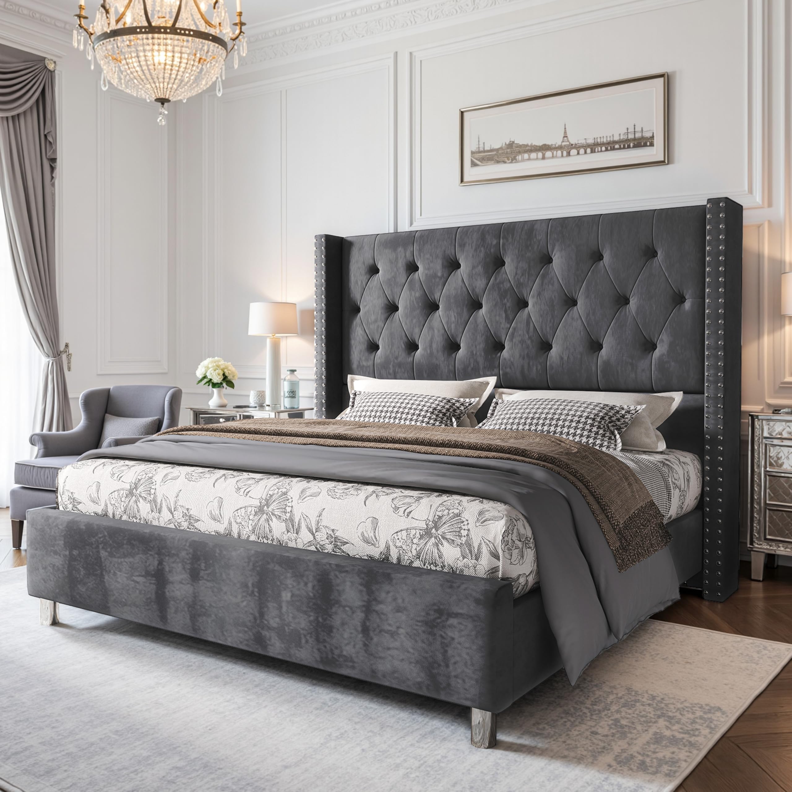 Luxury Velvet Upholstered King Size Bed Frame with Tall Wingback Headboard - Tufted Button Design, No Box Spring Needed, Easy Assembly, Grey - Perfect for Master Bedroom & Modern Home Decor