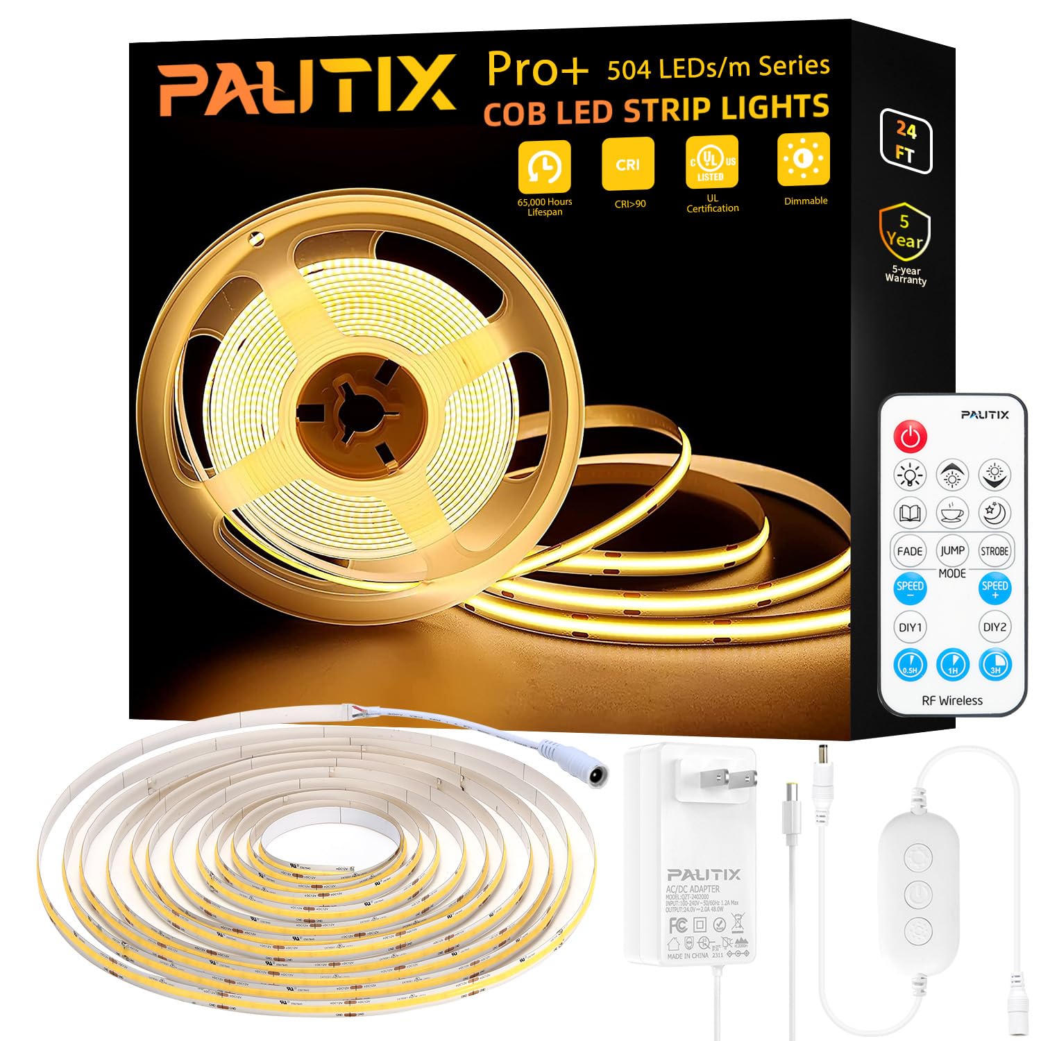 PAUTIX COB LED Strip Light 2520 LEDs - Ultra Bright 3000K Warm White 16.4ft/5m Dimmable 24V LED Tape Light with 3M Adhesive, RF Remote & Timer, 36W Power Adapter - Perfect for Bedroom Lighting, Kitchen Cabinet, Home Decor & DIY Projects