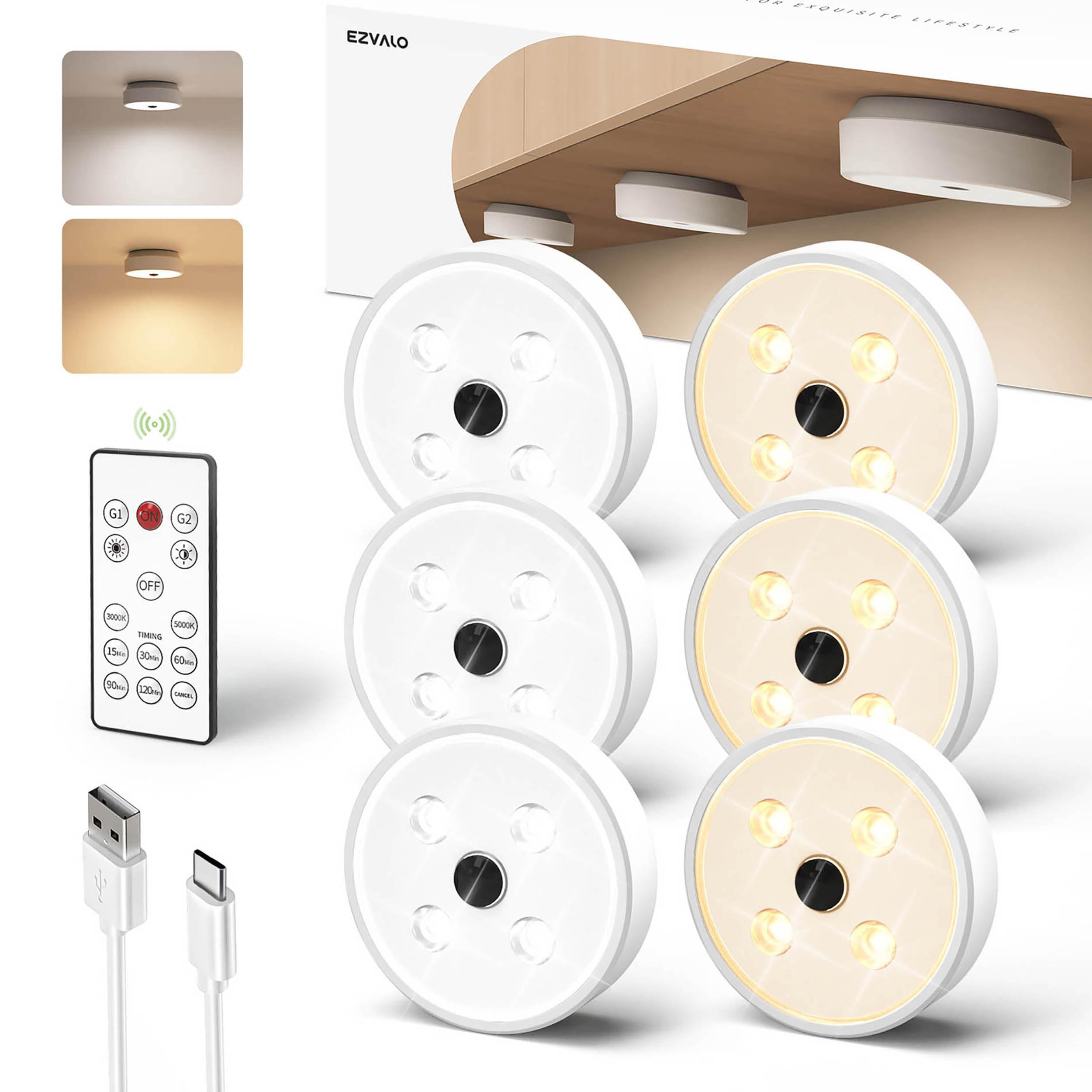 EZVALO Rechargeable Under Cabinet LED Lights - 6 Pack with Motion Sensor, 2 Color Temperatures & Group Control | Dimmable Puck Lights for Kitchen, Closet, Hallway & Counter Lighting | Perfect for Nighttime Navigation & Accent Lighting