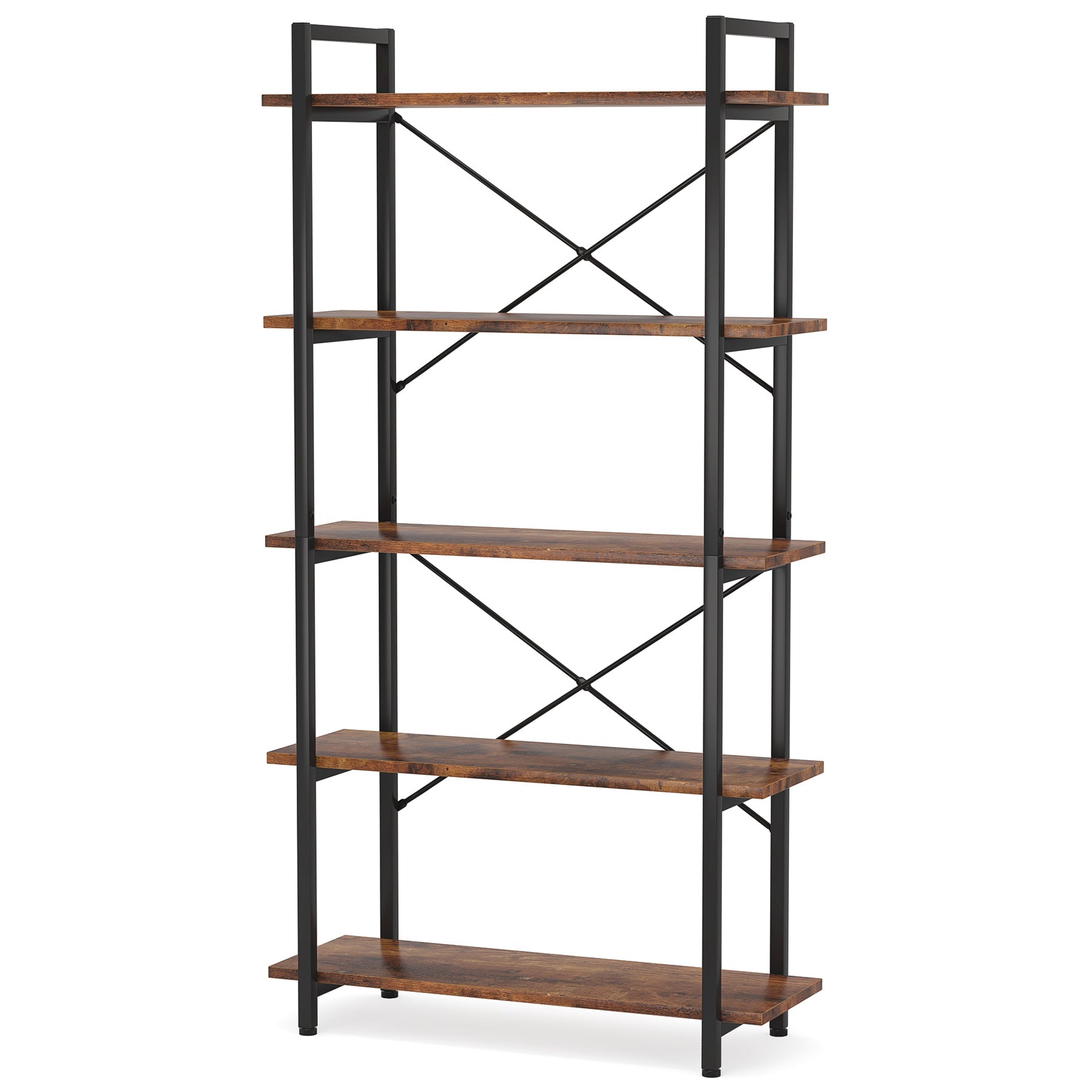 5 Tier Industrial Bookshelf - Brown Wooden Bookcase Display Shelf Unit for Living Room, Office & Home Decor