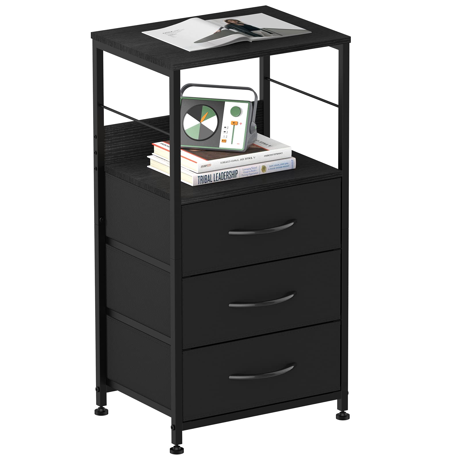 Modern Black Nightstand with 3 Fabric Drawers & Storage Shelf - Tall Bedside Table for Bedroom, Living Room, Office & Study - Perfect for Storing Books, Lamps & Bedroom Essentials