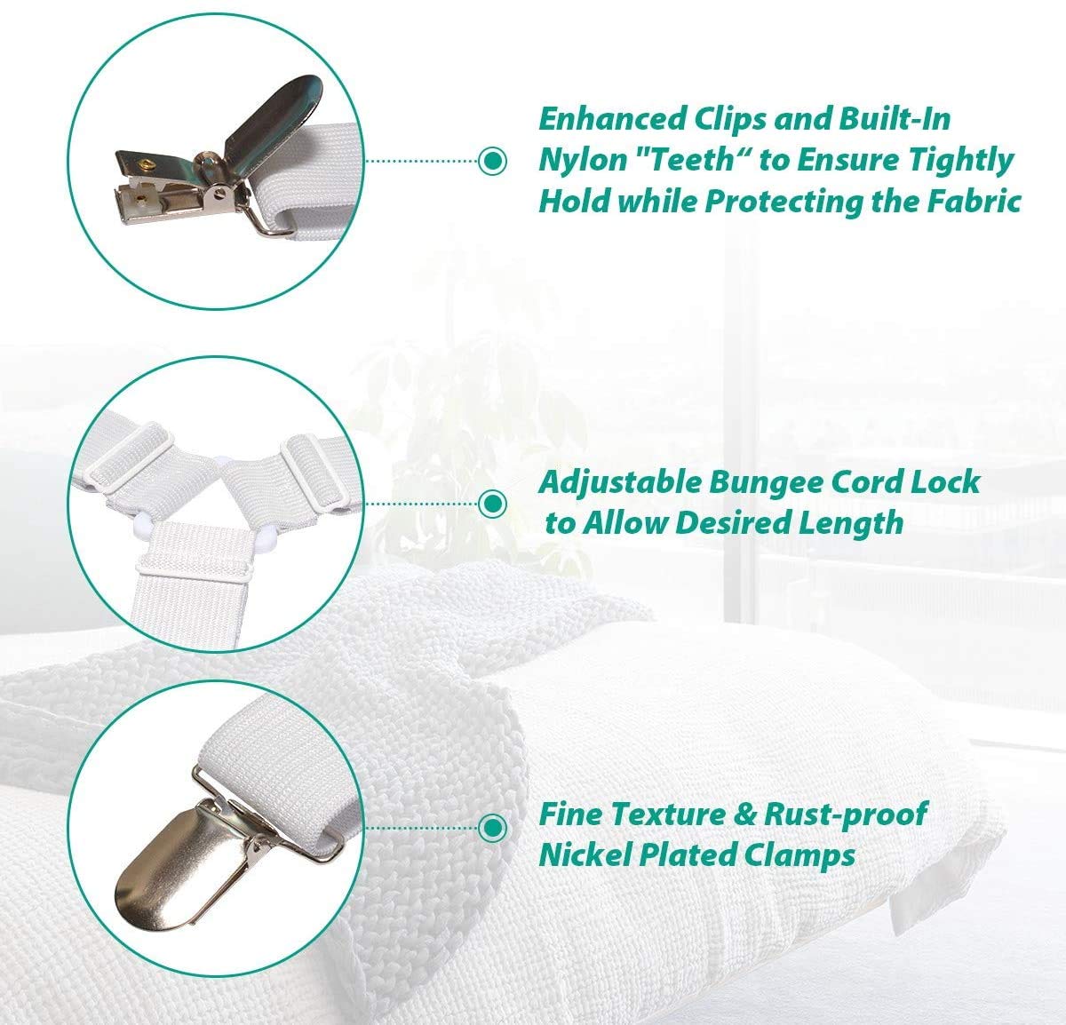 **Bed Sheet Holder Straps - 2 Sets of Adjustable Sheet Fasteners & Keepers for Secure Fit - Perfect for Deep Pocket, King, Queen & Twin Mattresses**