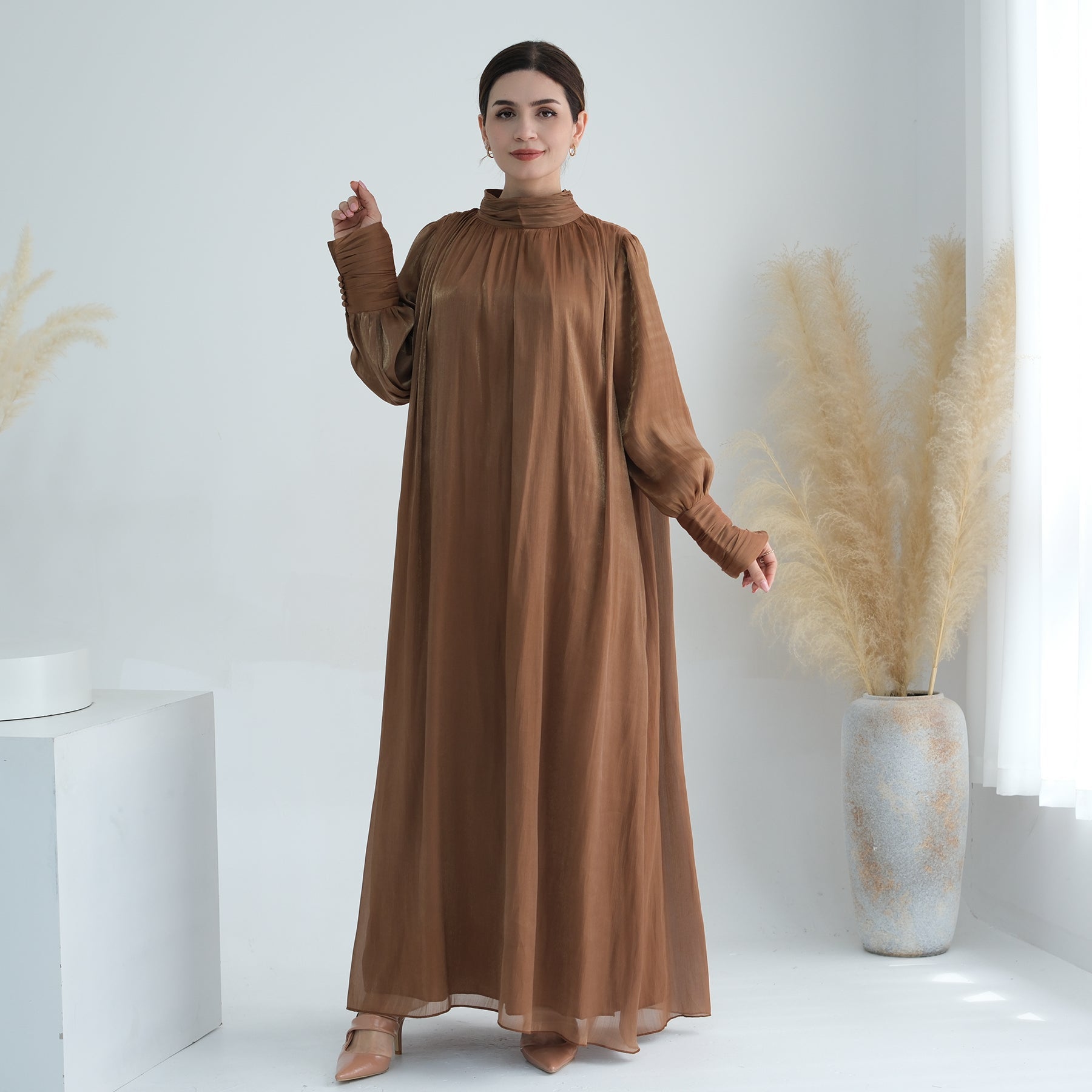 Indira Sparkles Long Sleeve Maxi Dress for Women - Elegant Boho Flowy Evening Gown in Brown | Perfect for Weddings, Parties & Special Occasions