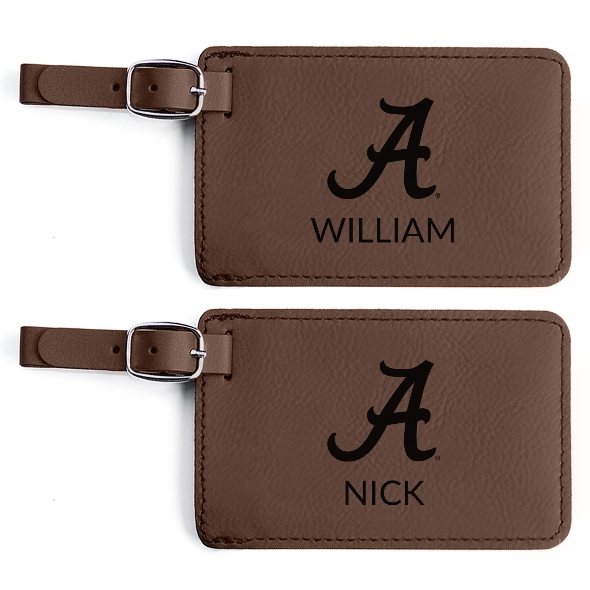 Personalized Alabama Crimson Tide Luggage Tags (Set of 2) - Officially Licensed Dark Brown Vegan Leather - Perfect for Graduation Gifts, Father's Day & Football Fans - Travel Accessories for College Game Day & Alumni Trips