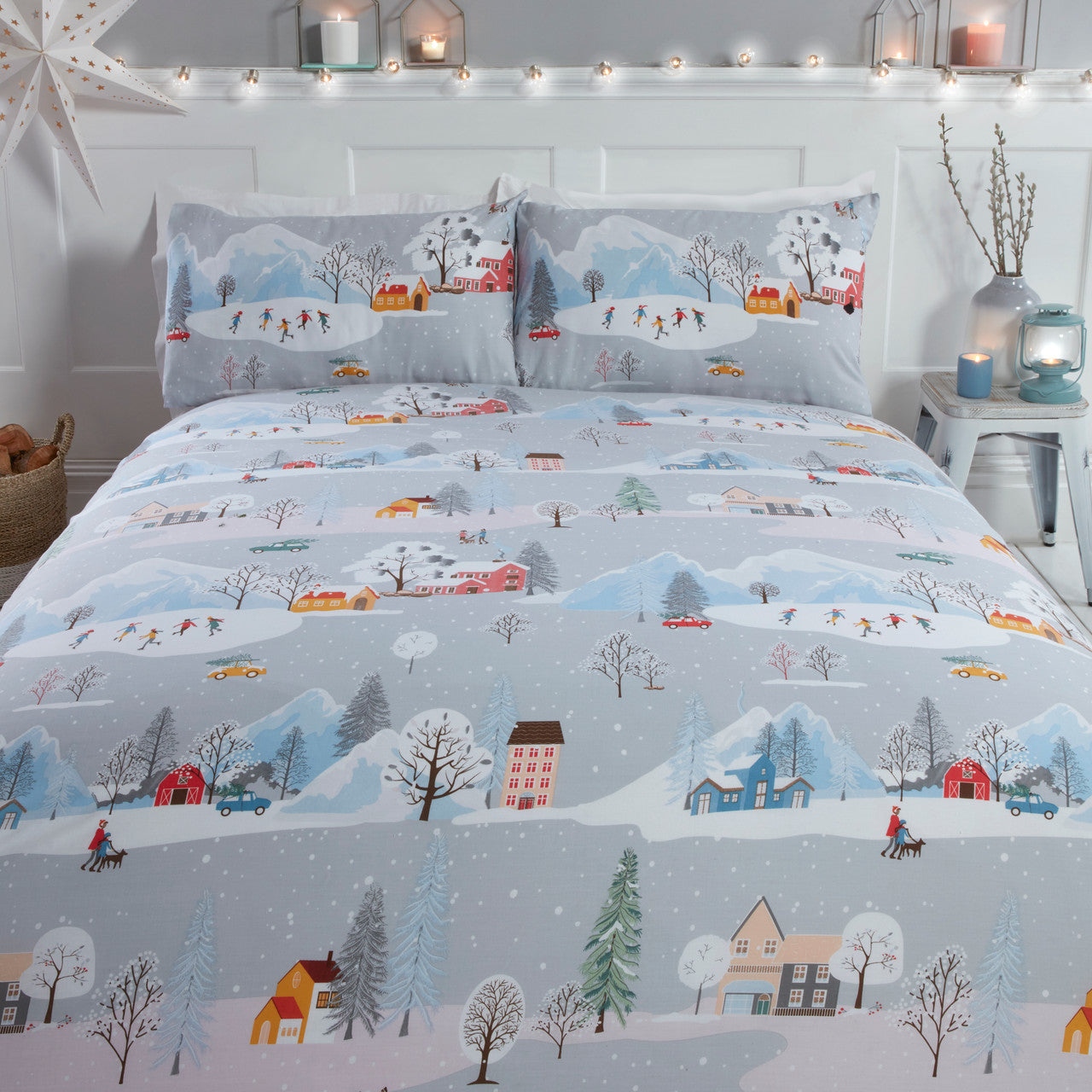 Winter Town Duvet Cover Set - Soft & Cozy Flannel Bedding for Cold Weather - Perfect for Winter Bedrooms, Guest Rooms & Cabin Retreats