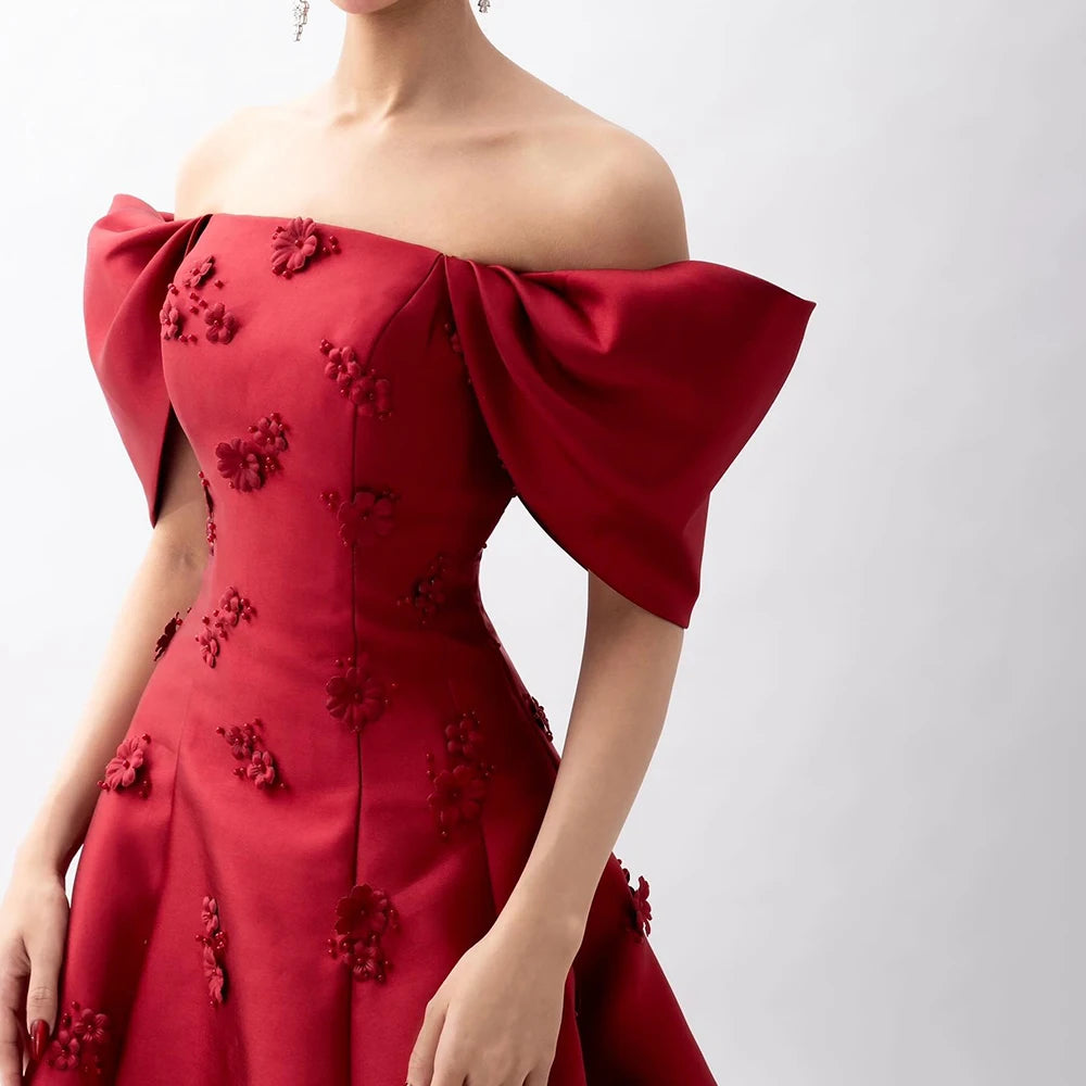 Elegant Off Shoulder Wine Red A-Line Evening Dress with Appliques - Luxury Dubai & Saudi Arabian Style Formal Gown LA72778 for Prom, Wedding & Special Occasions