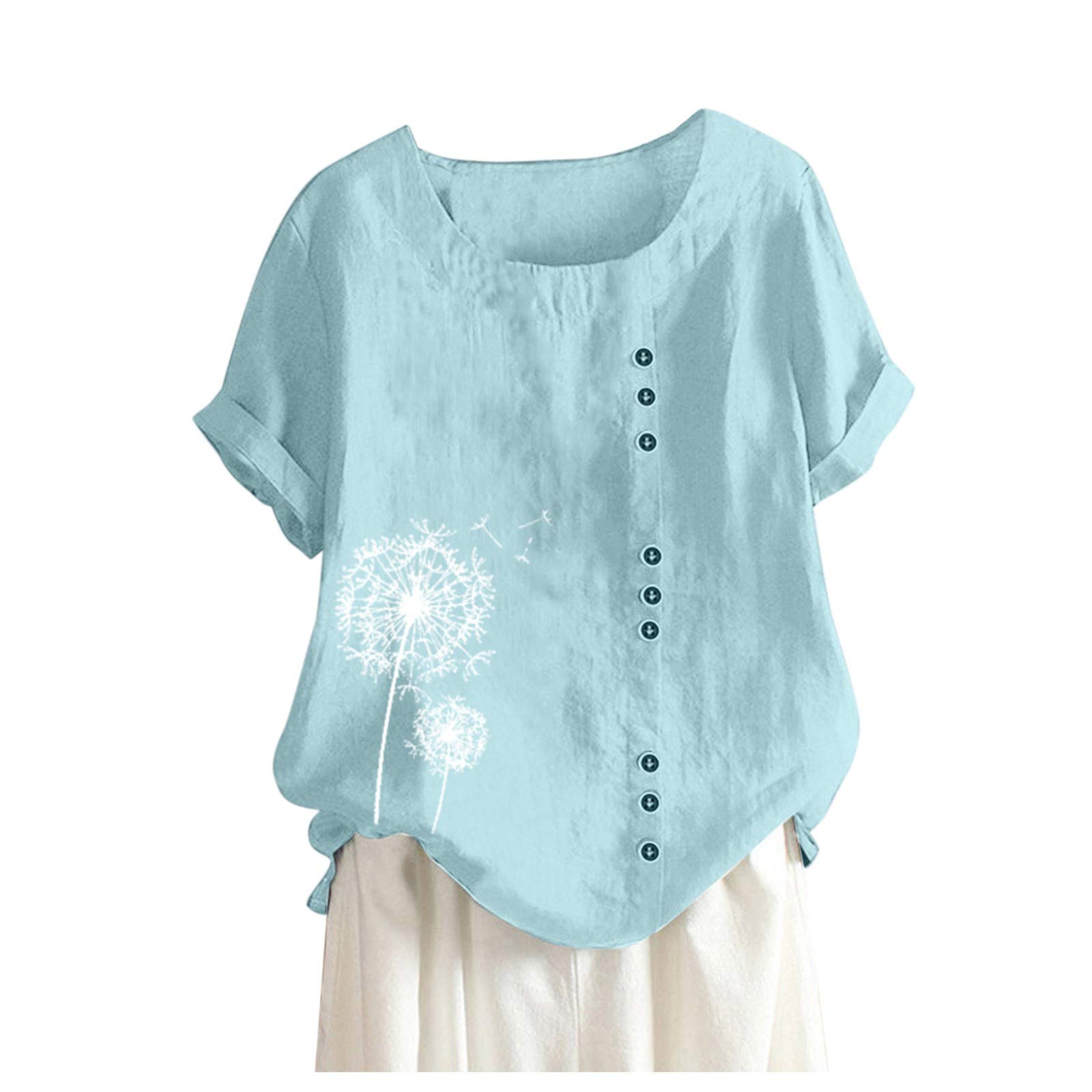 Women's Dandelion Print Linen Short Sleeve T-Shirt - Casual Loose Blouse Tunic Top for Summer | Breathable & Comfortable for Beach, Vacation & Everyday Wear