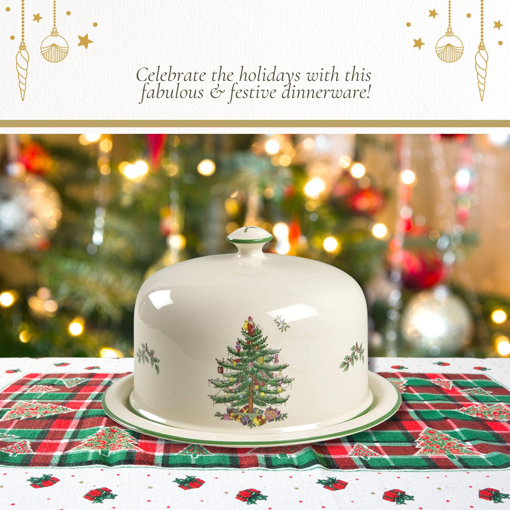 Spode Christmas Tree 2-Piece Ceramic Serving Set with Dome - Holiday Platter for Cakes, Desserts & Side Dishes | Microwave, Oven & Dishwasher Safe | Perfect for Christmas Dinner, Party Buffets & Festive Gatherings