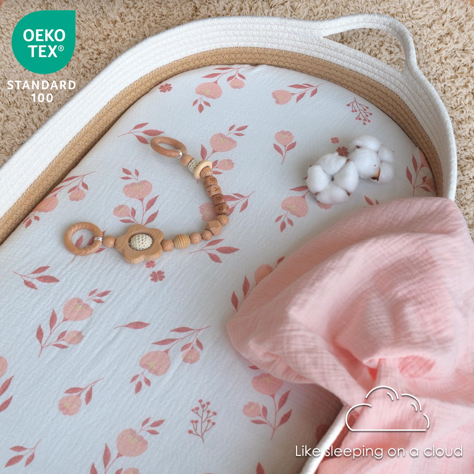 Soft 100% Cotton Muslin Bassinet Sheets for Baby Girls - 2 Pack Fitted Crib Sheets for Oval, Rectangle & Hourglass Mattresses (Pink Floral Design) - Perfect for Nursery, Travel & Co-Sleeping