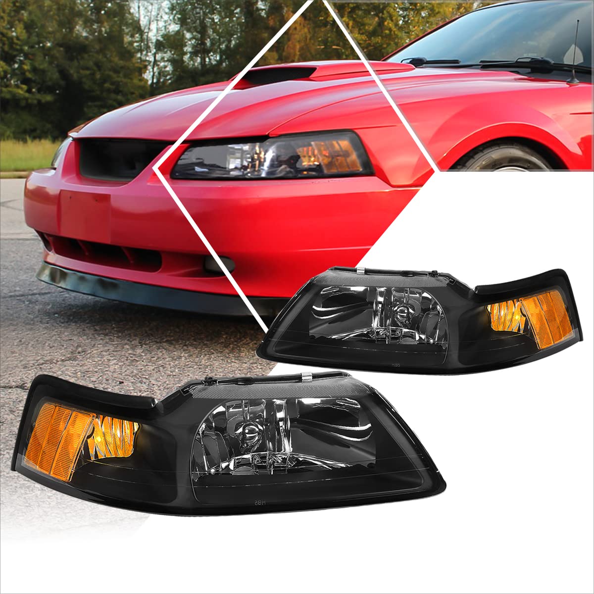 Pair of Black Housing Headlight Assembly with Amber Corner Lights - Compatible with 1999-2004 Ford Mustang | Perfect for Night Driving & Car Restoration Projects