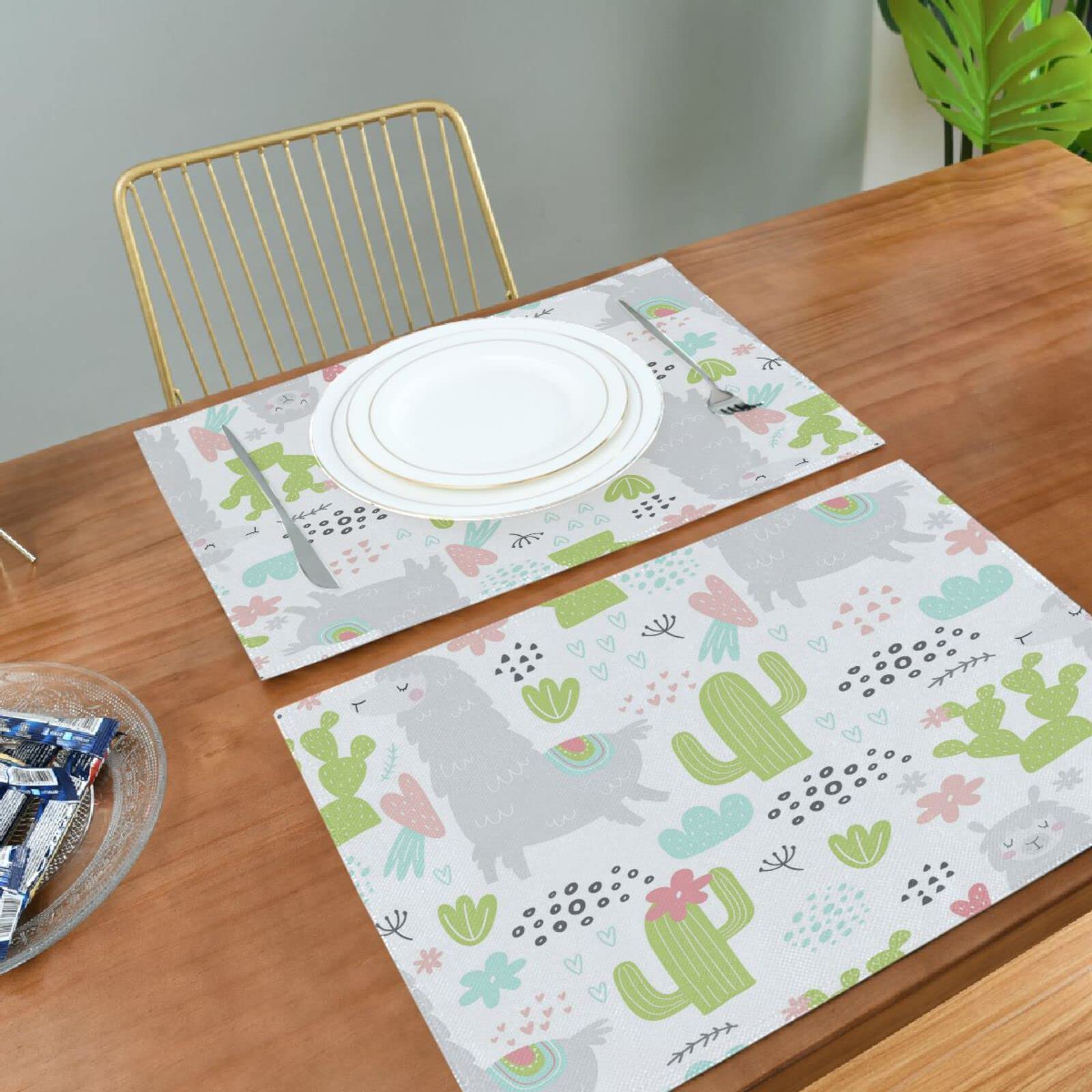 Stylish Llama Cactus Placemats Set of 4 - Washable & Heat-Resistant 12x18 Inch Alpaca Plant Table Mats for Kitchen & Dining Decor | Perfect for Family Dinners, Parties, and Home Decor