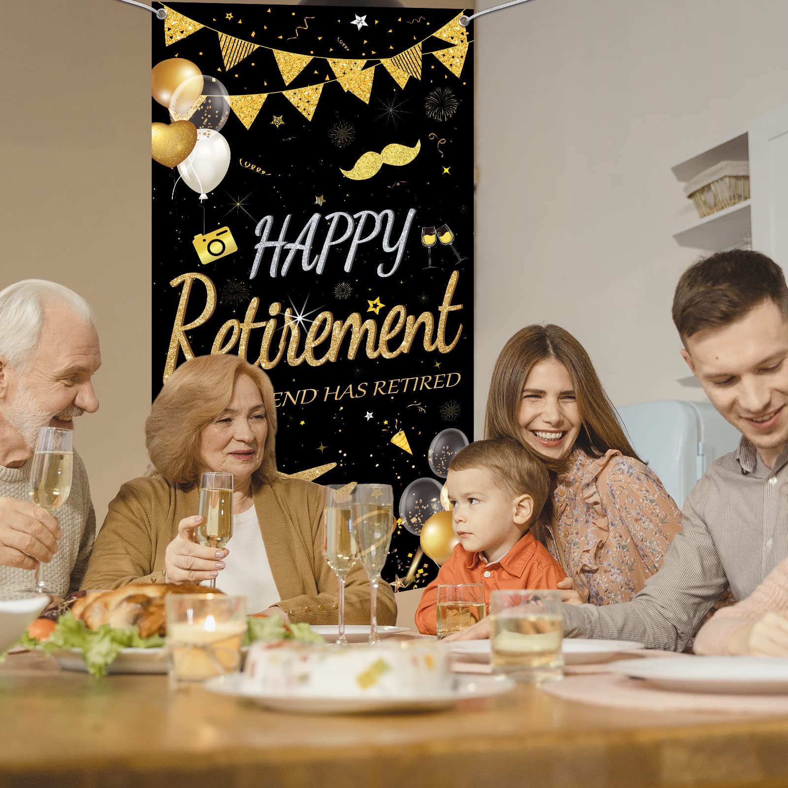 Extra Large Happy Retirement Door Cover - 75 x 37 Inch Black & Gold Fabric Banner for Retirement Party Decorations, Photo Booth Backdrop & Celebration Background with Rope - Perfect for Retirement Parties, Office Decor & Milestone Celebrations