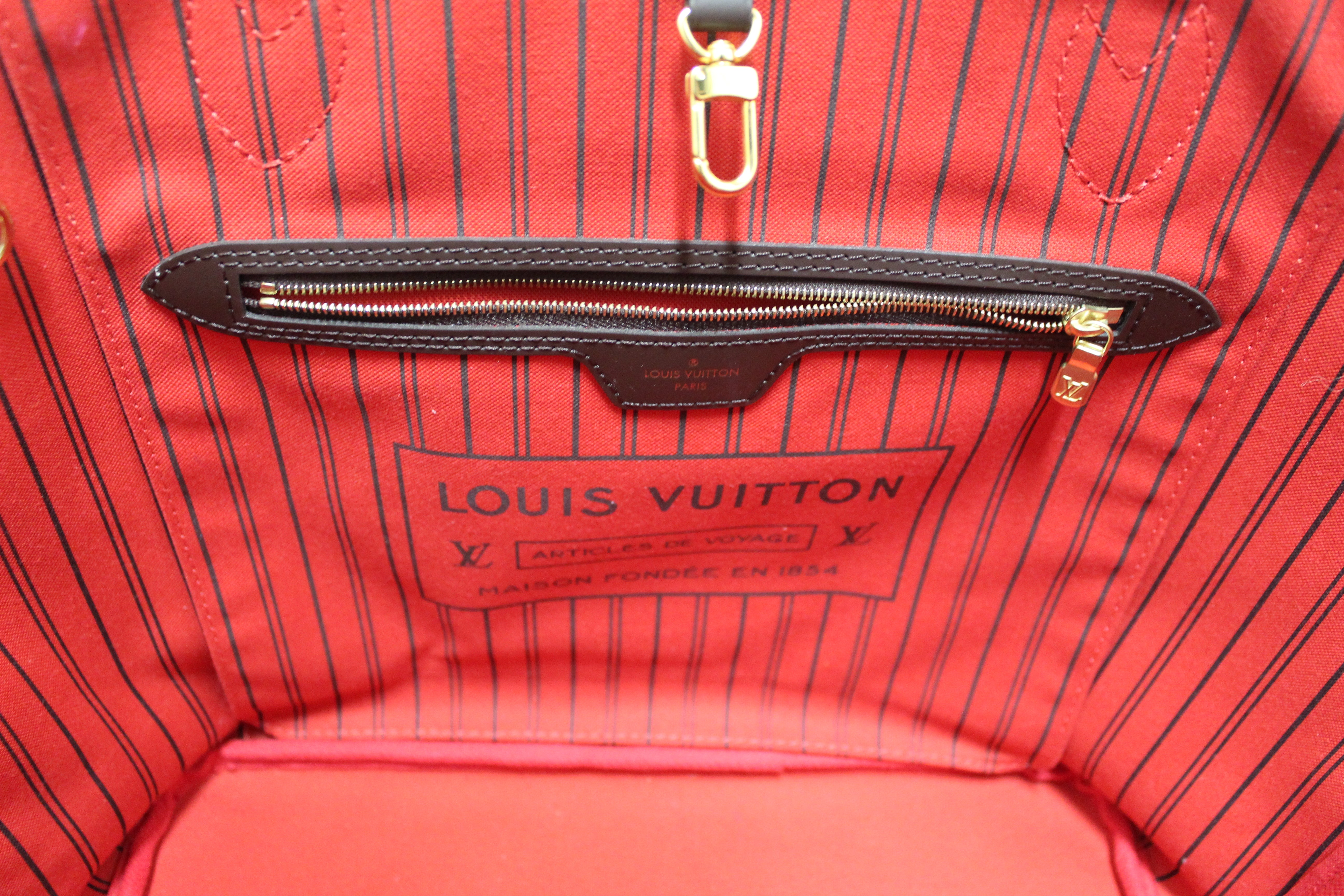 Authentic Louis Vuitton Damier Ebene Canvas Neverfull MM Tote Bag with Red Interior - Luxury Designer Shoulder Bag for Women, Perfect for Work, Travel & Everyday Use