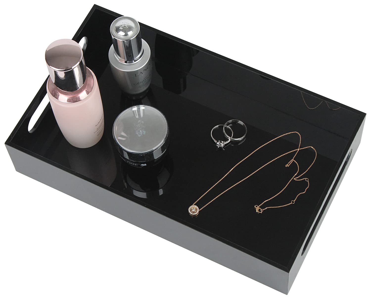 HofferRuffer Acrylic Vanity Tray - 10 x 6 x 2 Inches Black Jewelry & Makeup Organizer for Dresser, Bathroom Countertop - Perfect for Perfume Display, Cosmetics Storage & Bathroom Decor
