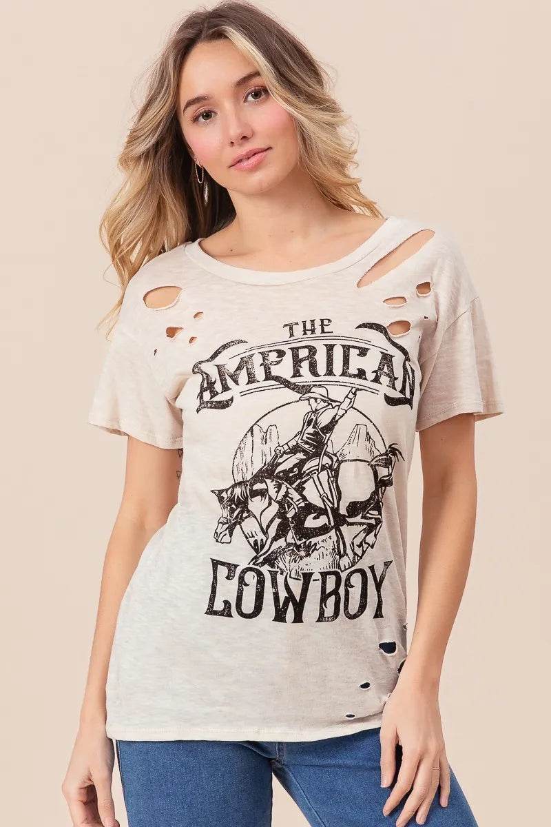 BiBi Cotton Slub Laser Top - Vintage American Cowboy Graphic Tee for Men & Women | Casual Streetwear, Western Style Fashion, Music Festival Outfit