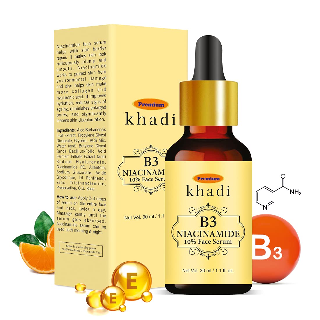 Meribana Khadi B3 Niacinamide 10% Face Serum with Vitamin C, E & Hyaluronic Acid - Brightening & Hydrating Skincare for Dark Spots, Wrinkles & Acne - Aloe Vera & Rosemary Leaf Extract, 30ml - Perfect for Daily Glow Routine & Nighttime Skin Repair