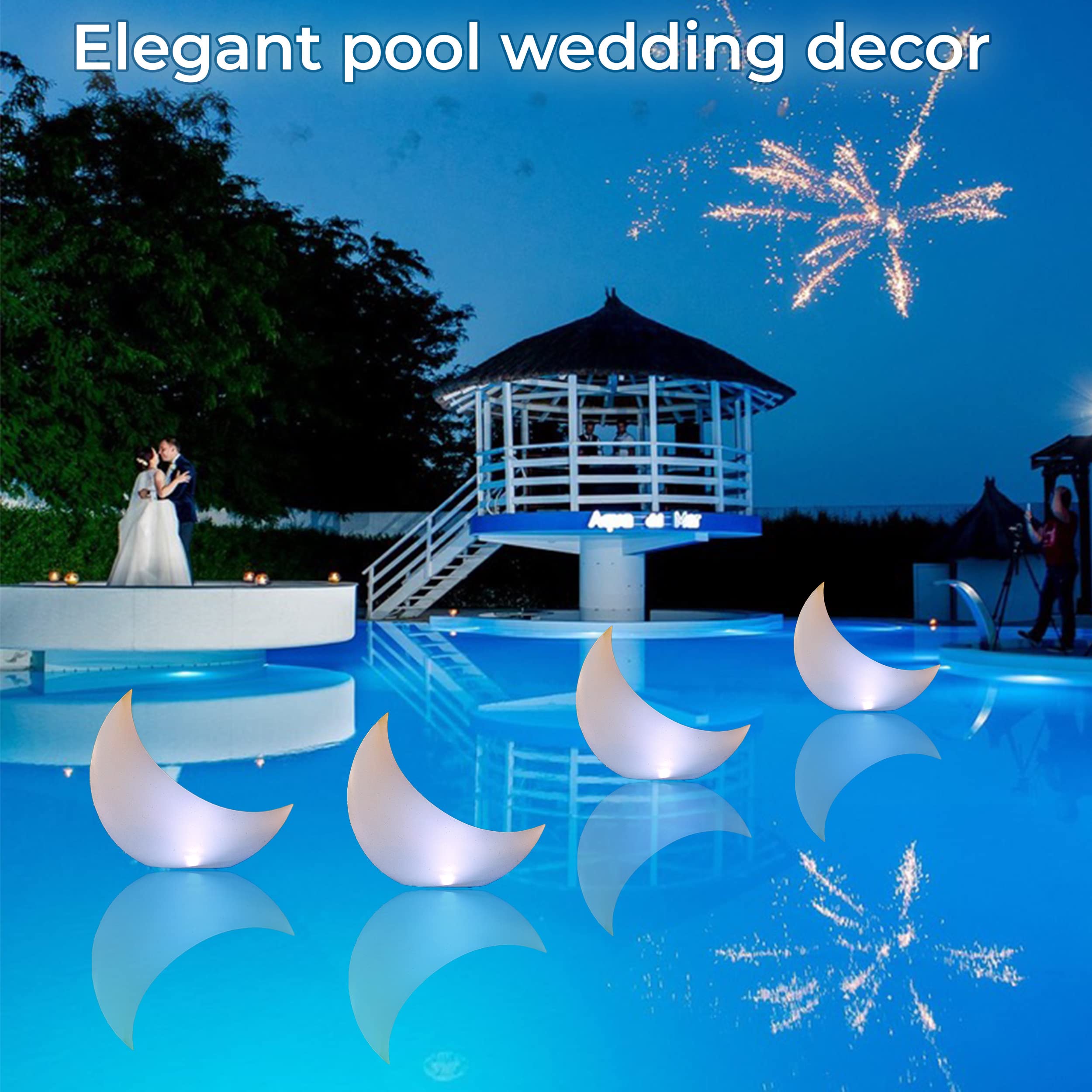 Solar Powered Floating Pool Lights - 4 Pack Crescent Moon LED Lights for Swimming Pools, Ponds & Outdoor Decor | Waterproof Inflatable Solar Lights for Weddings, Parties, Backyard & Patio | Perfect for Nighttime Pool Illumination & Romantic Ambiance