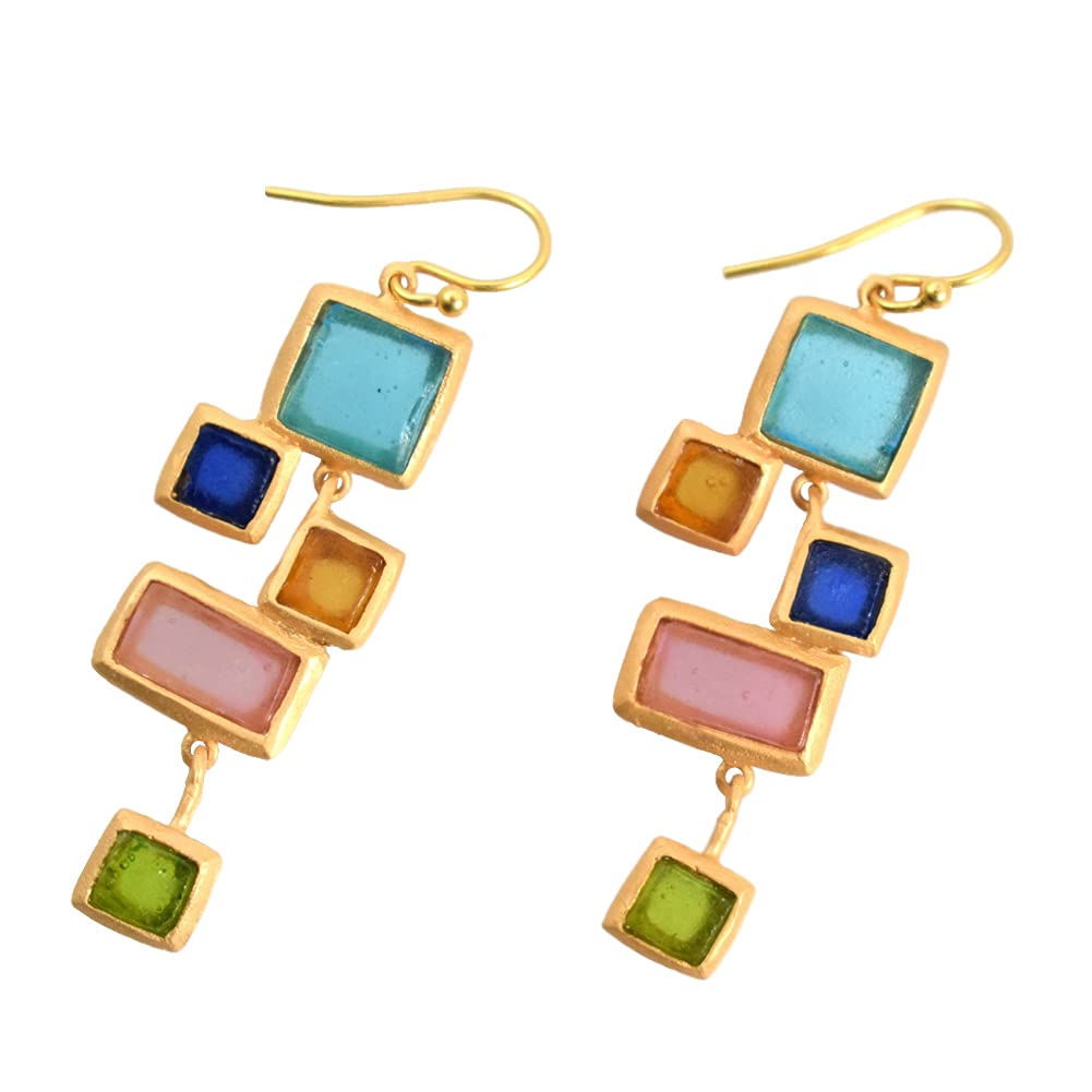 Cast Artisan Glass & Gold-Plated Multicolor Mosaic Earrings - Elegant Statement Jewelry for Parties & Weddings