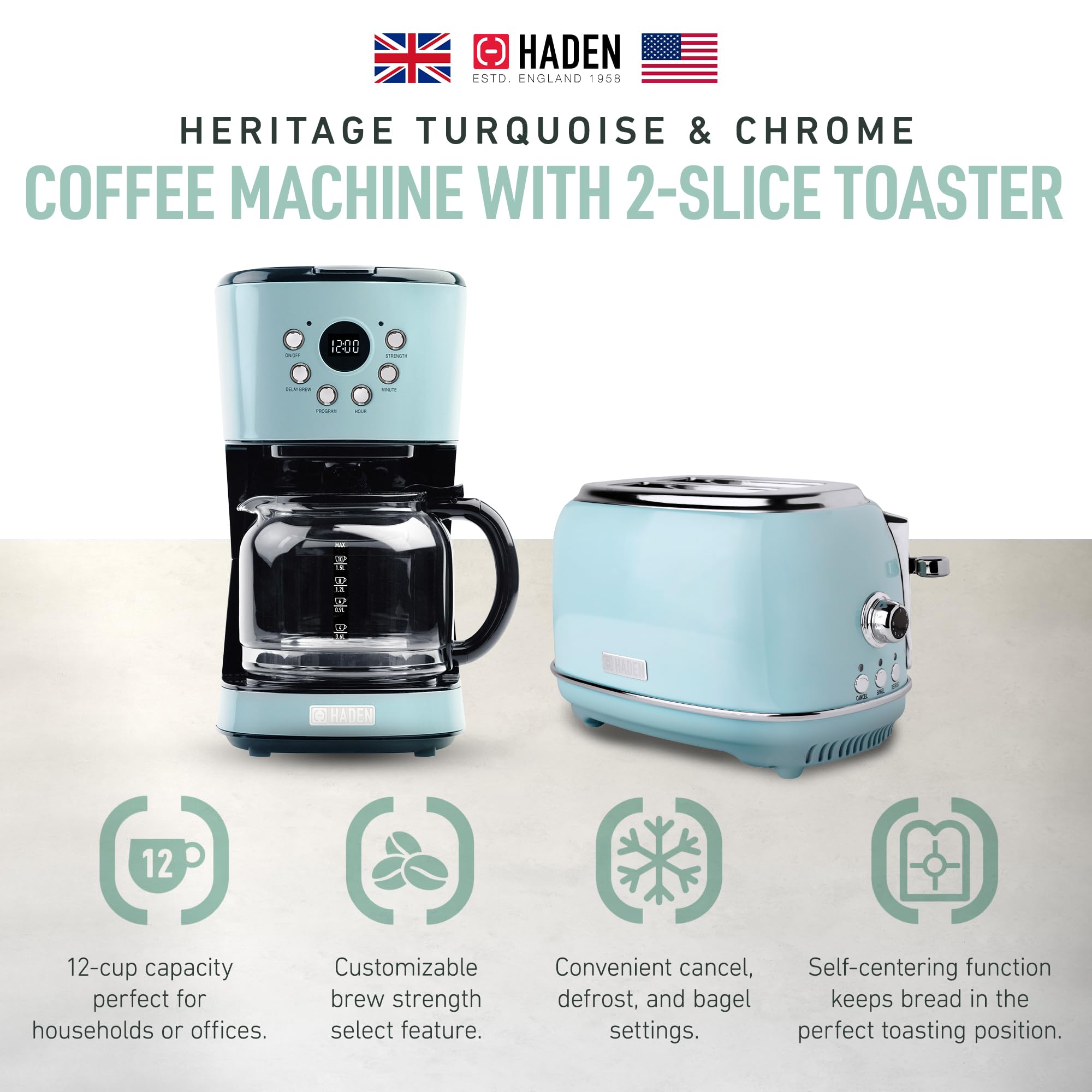HADEN Heritage 12-Cup Programmable Vintage Coffee Maker & 2-Slice Stainless Steel Toaster Set - Retro Kitchen Appliances for Home, Office, or Cafe - Turquoise