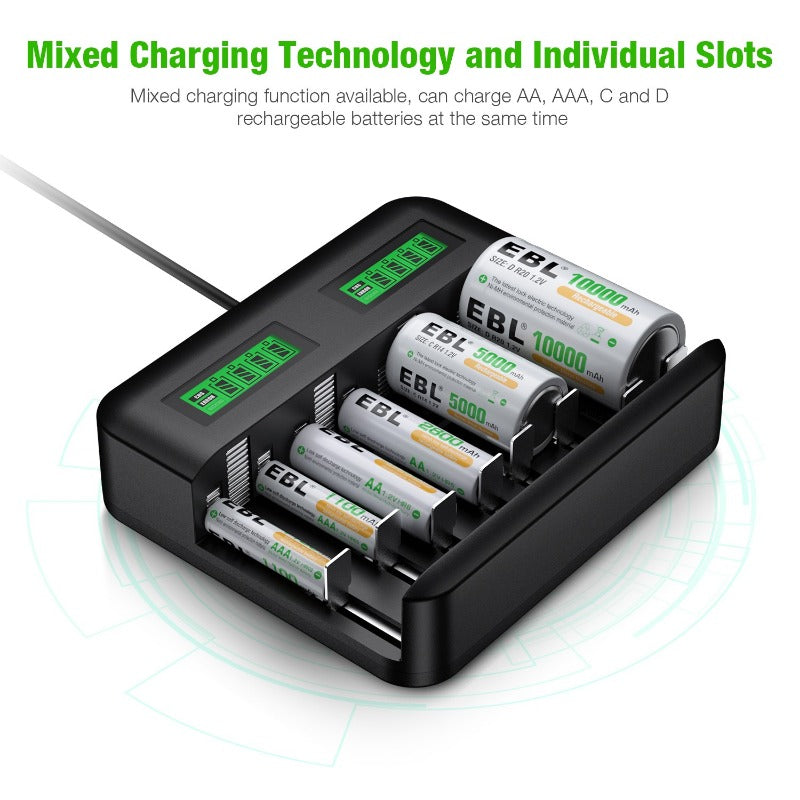 EBL C9008 LCD Battery Charger for AA AAA C D NiMH Rechargeable Batteries - Fast Charging for Toys, Cameras, Flashlights & More