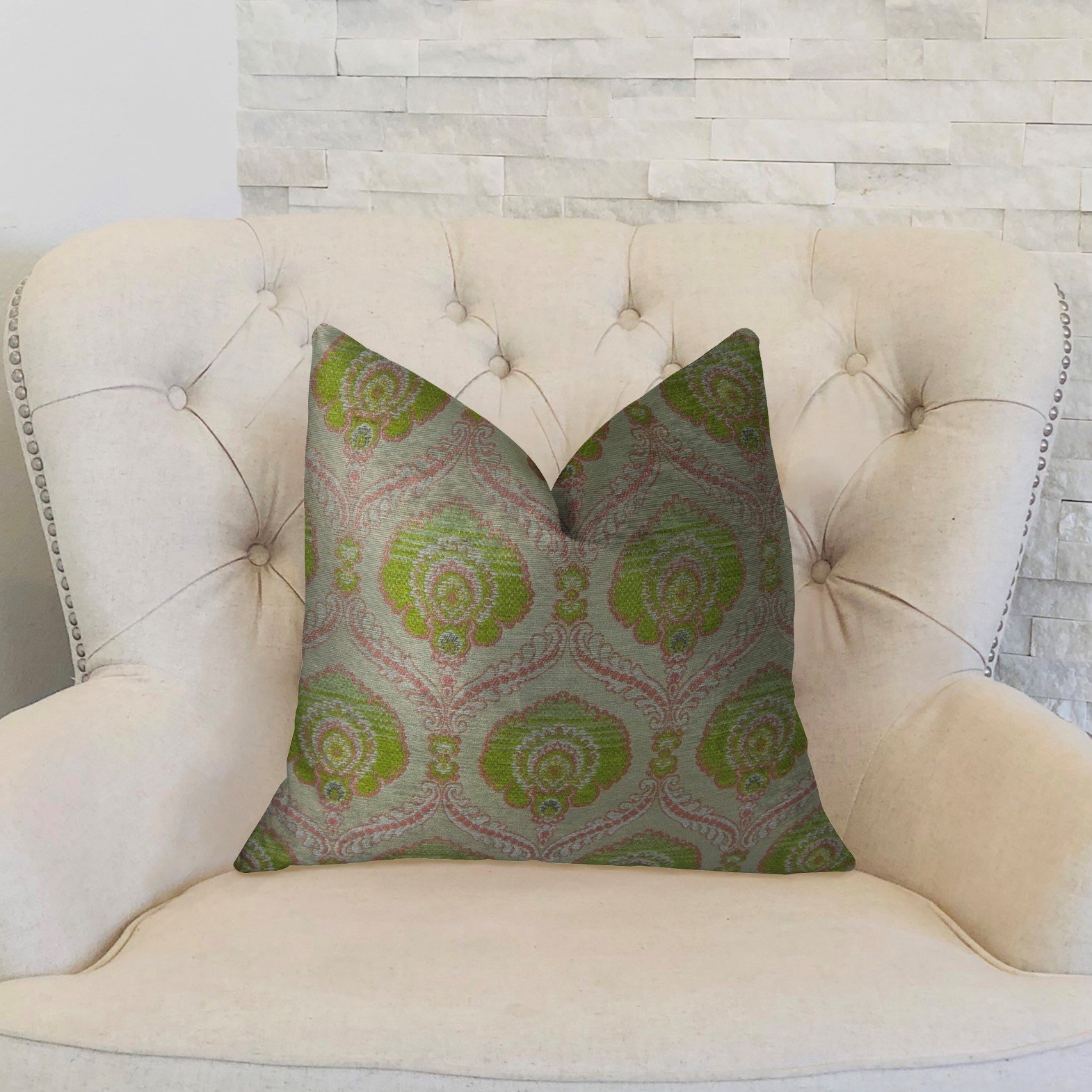 Plutus Tulip Handmade Decorative Throw Pillow 18x18 Inches - Soft Pink & Green Floral Design for Sofa, Bed, Living Room & Nursery Decor