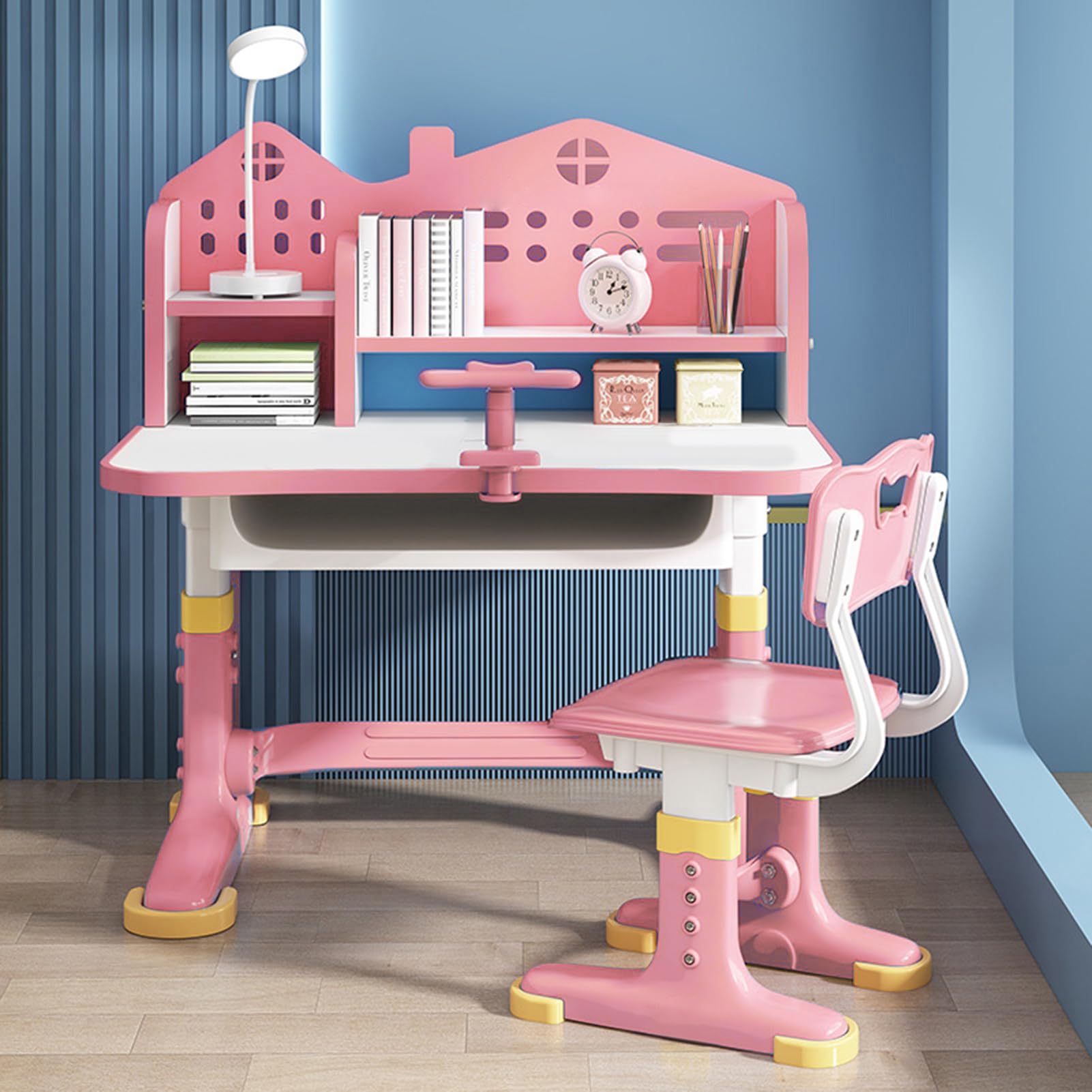Adjustable Kids Study Desk and Chair Set with Bookstand & Storage Drawer - Cartoon Pattern Children's Learning Table for Girls - Perfect for Homeschooling, Online Classes & Bedroom Study Space