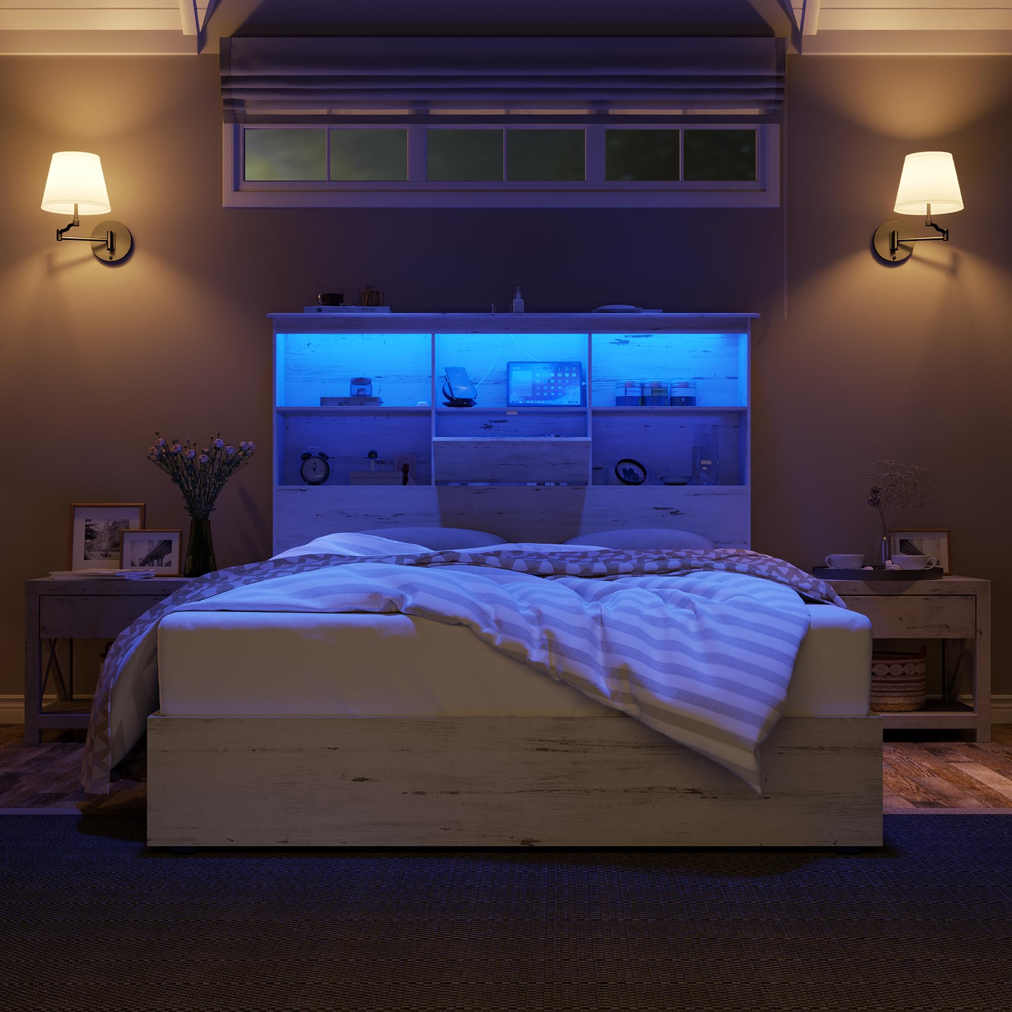 AMERLIFE Queen Size Wooden Platform Bed Frame with LED Storage Headboard - 4 Drawers, USB Charging Station, No Box Spring Needed, Noise Free, Distressed White - Perfect for Small Bedrooms & Modern Apartments