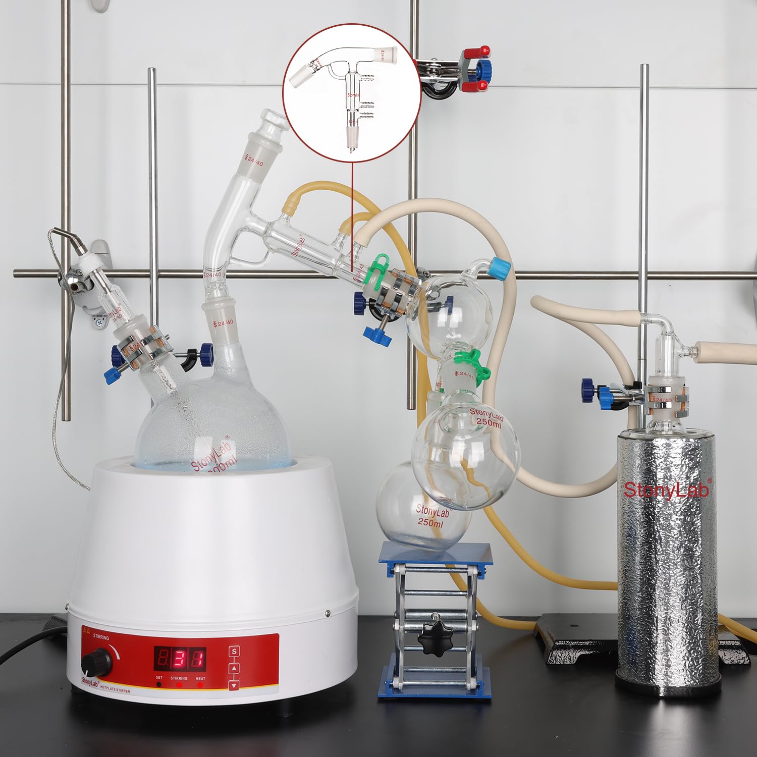 Stonylab Borosilicate Glass Short Path Distillation Kit - 24/40 Joints & Hose Connections - Lab Distilling Apparatus for Essential Oils, CBD Extraction & Chemistry Experiments - Perfect for Home Labs & Professional Research Facilities