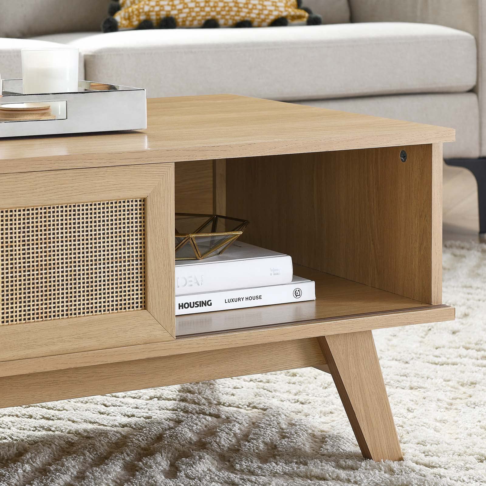 Modway Soma Modern Rattan Coffee Table - 43 Inch Oak Wood Round Accent Table for Living Room, Patio & Outdoor Decor