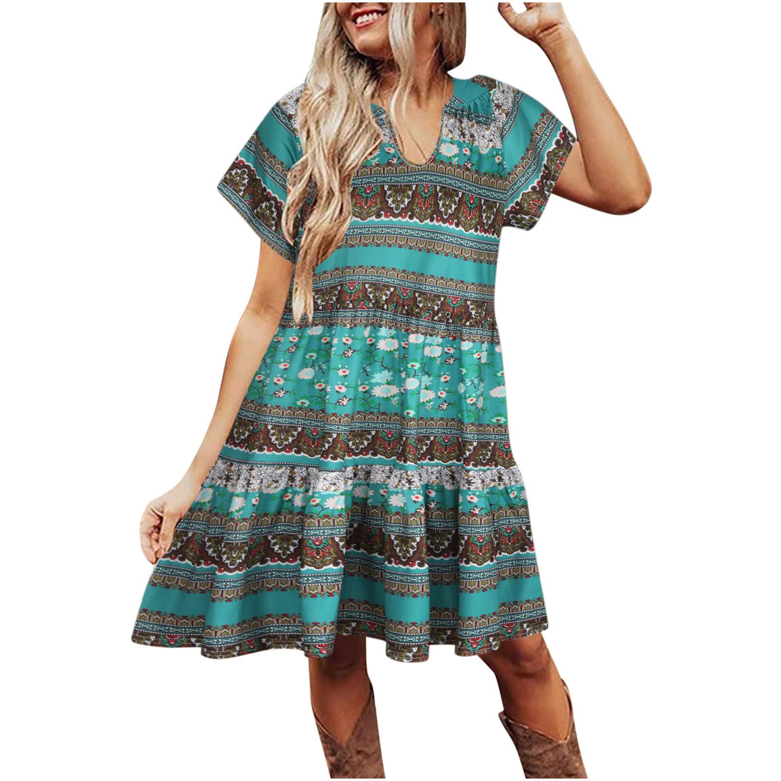 Vintage Floral Printed Casual T-Shirt Dress for Women - Summer Short Sleeve V-Neck Knee Length Dress | Perfect for Beach Outings, Picnics & Casual Wear
