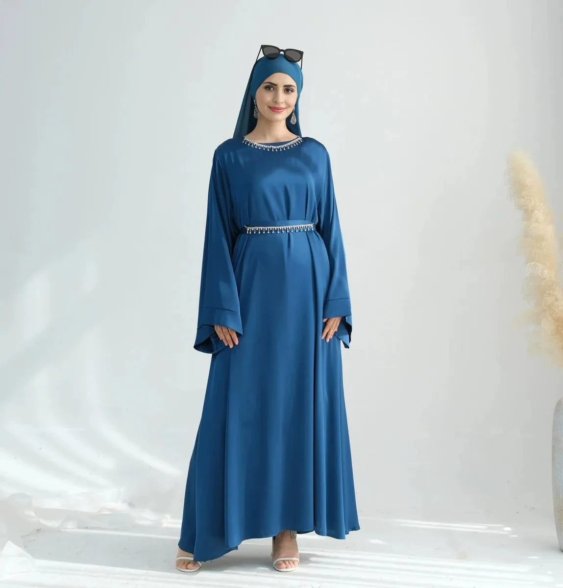 Elegant Crystal Belt Satin Abaya Dress with Matching Hijab & Necklace Set - Perfect for Eid, Weddings & Special Occasions