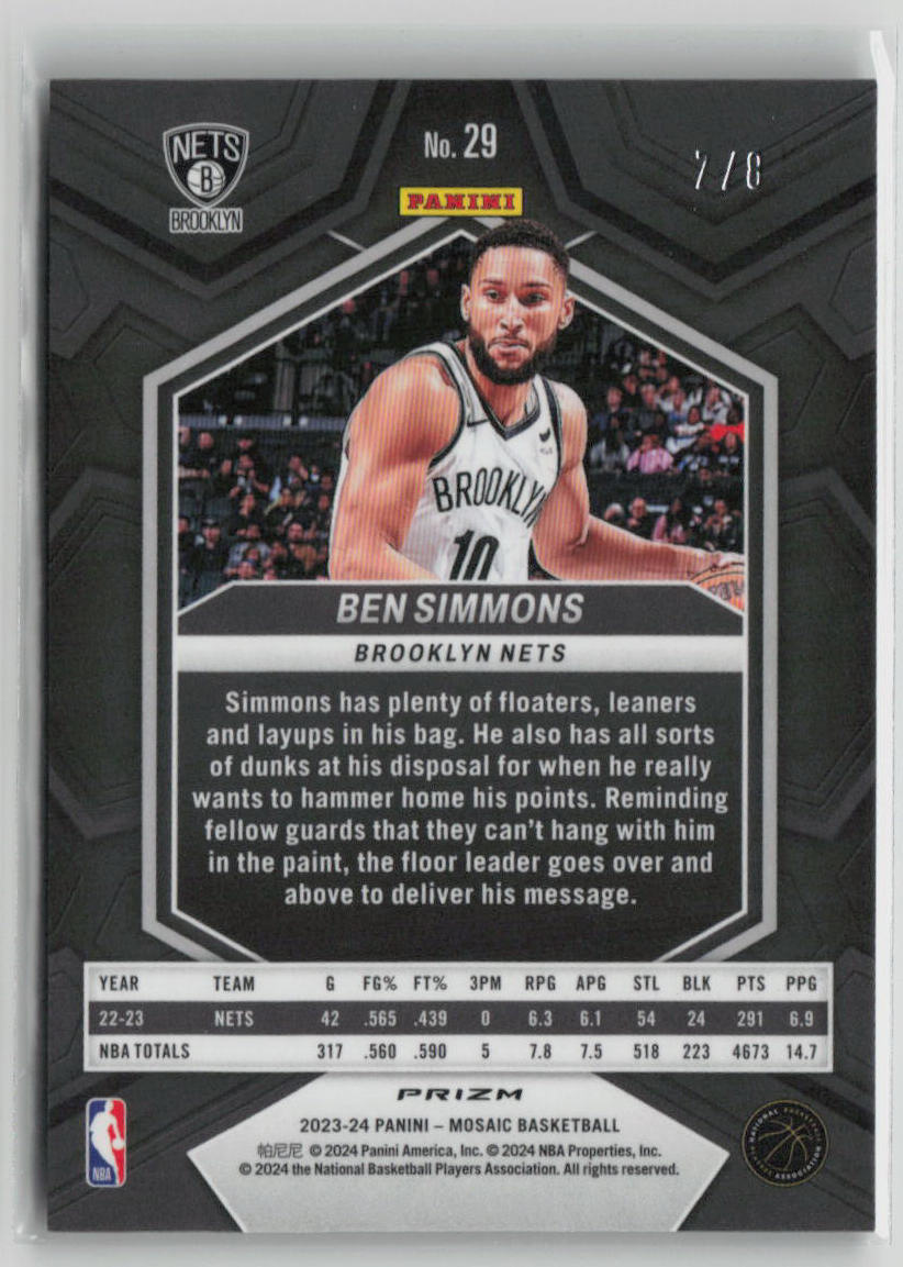 2024 Panini Prizm Mosaic Ben Simmons 1/8 Black Gold #29 Basketball Trading Card - Perfect for Collectors, Investors & Sports Memorabilia Enthusiasts