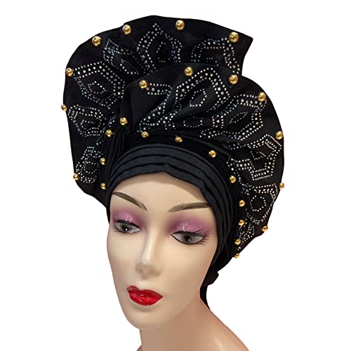 Premium Nigerian Gele Head Wrap - Ready-Made African Headscarf for Women, Elegant Headband & Headgear, Black Party Headtie with High-Quality Sewing Fabric | Perfect for Weddings, Church & Special Occasions