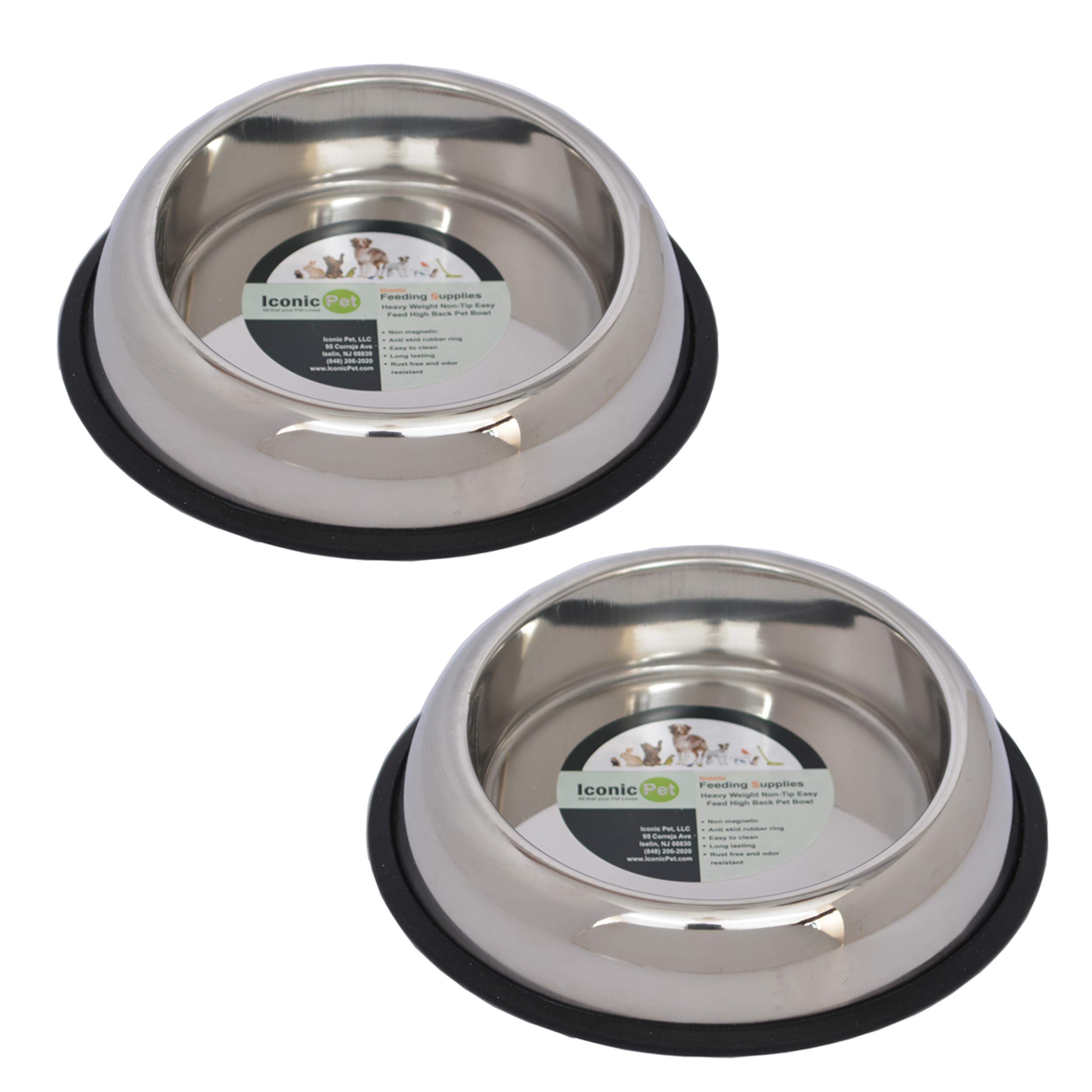 ICONIC PET 8 Cup/64 Oz Non-Slip Stainless Steel Pet Bowls - Heavy Duty High Back Design for Dogs & Cats - 2 Pack with Removable Anti-Skid Rubber Base - Dishwasher Safe Food & Water Bowls - Perfect for Indoor/Outdoor Feeding Stations