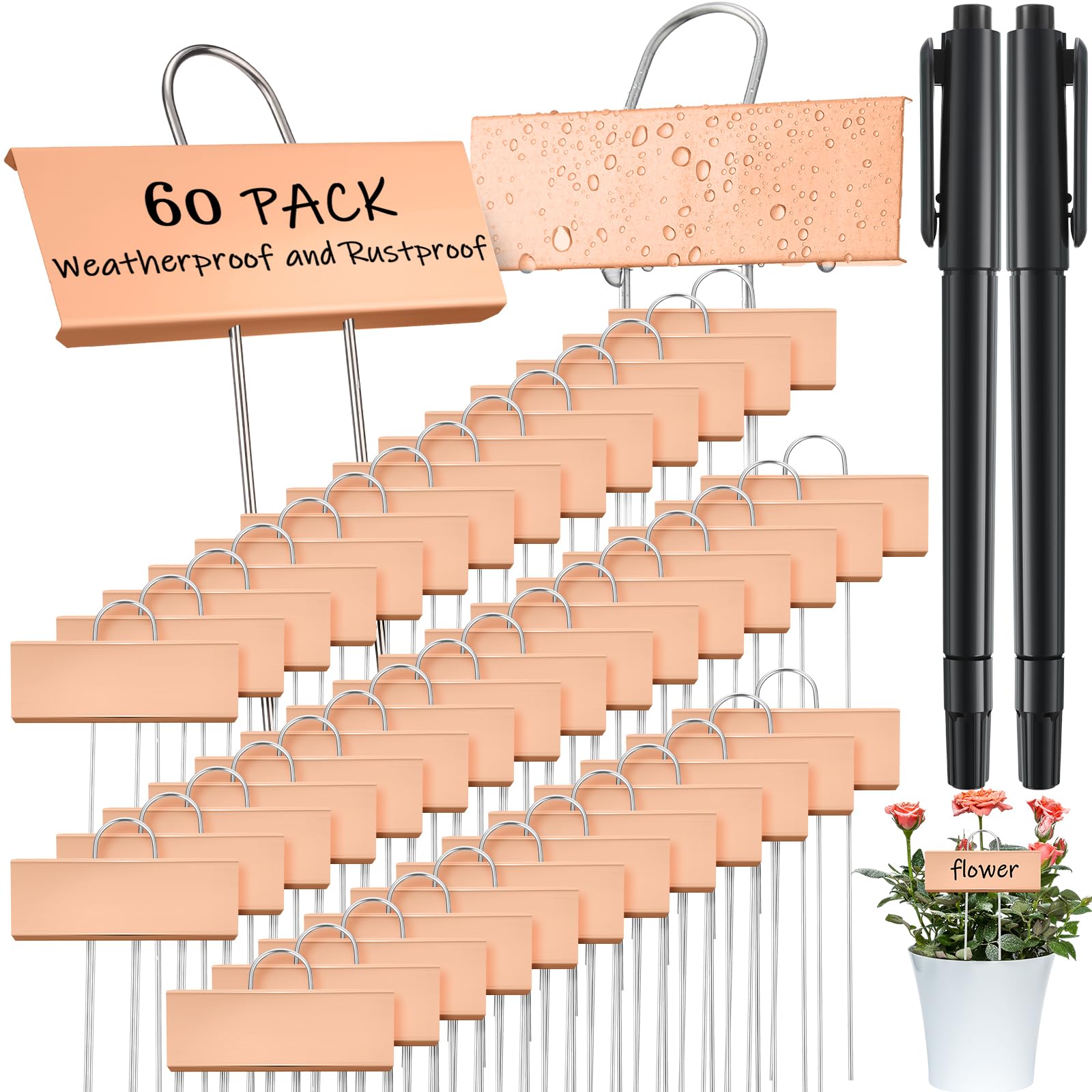 60 Pcs Metal Garden Markers - Weatherproof Stainless Steel Plant Label Stakes for Outdoor Use - 10.6 Inch Nursery Tags Bulk with 2 Pens (Rose Gold/Black) - Perfect for Vegetable Gardens, Herb Planters & Flower Beds Identification