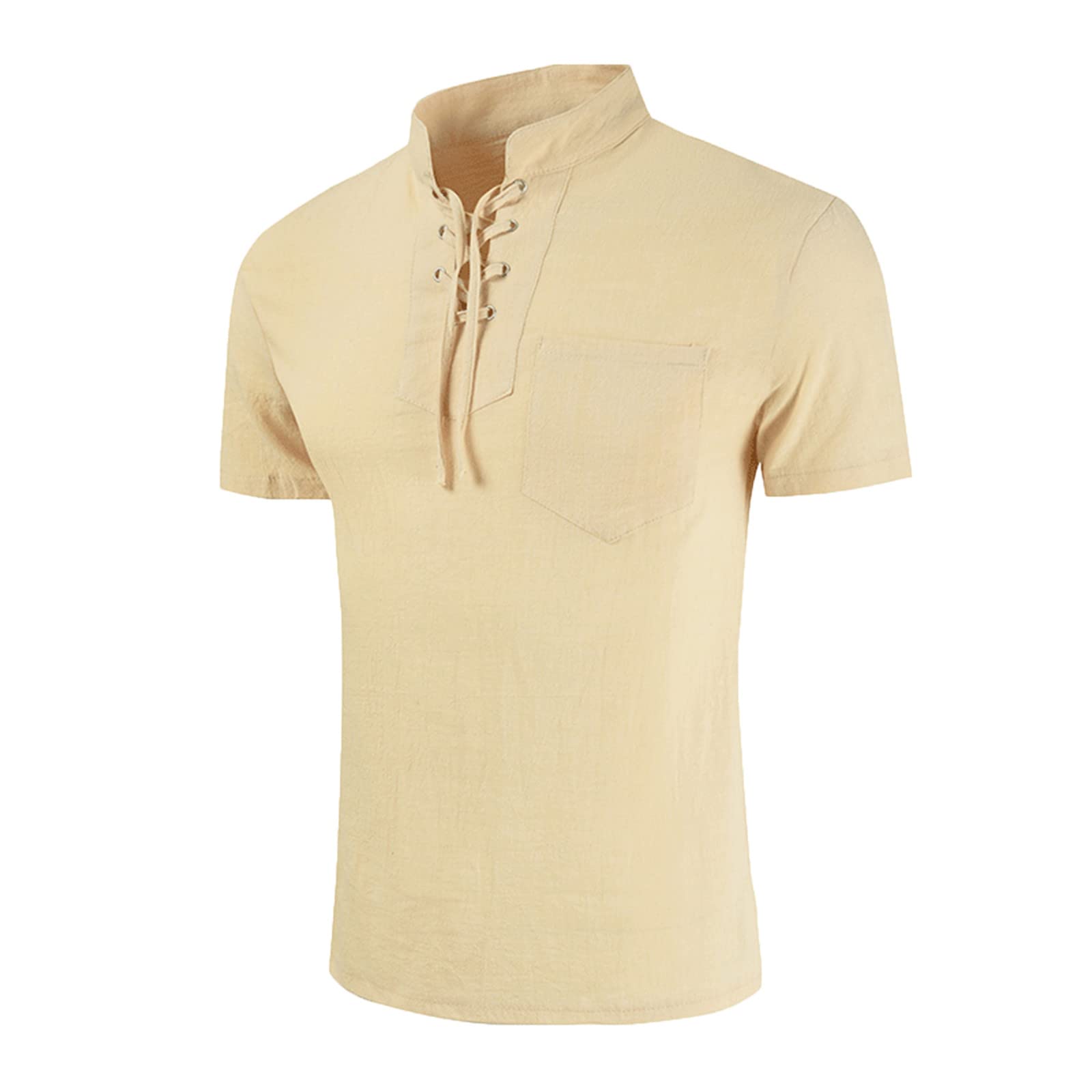 Men's Summer Short Sleeve Casual Shirt - Breathable Cotton Linen Blend Tie T-Shirt with Stand Collar in White | Perfect for Beach, Vacation & Outdoor Activities