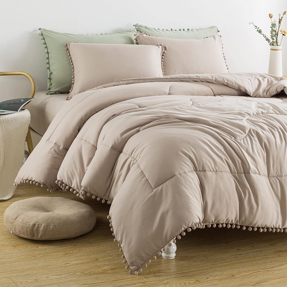 Akimtic Pom Poms Fringe Comforter Set Twin Size (68x90 inches) - 2 Piece Boho Bedding Set with Soft Microfiber Lightweight Down Alternative Comforter & Pillowcase in Khaki | Perfect for Teen Girls Room, Dorm Decor & Bohemian Style Bedrooms