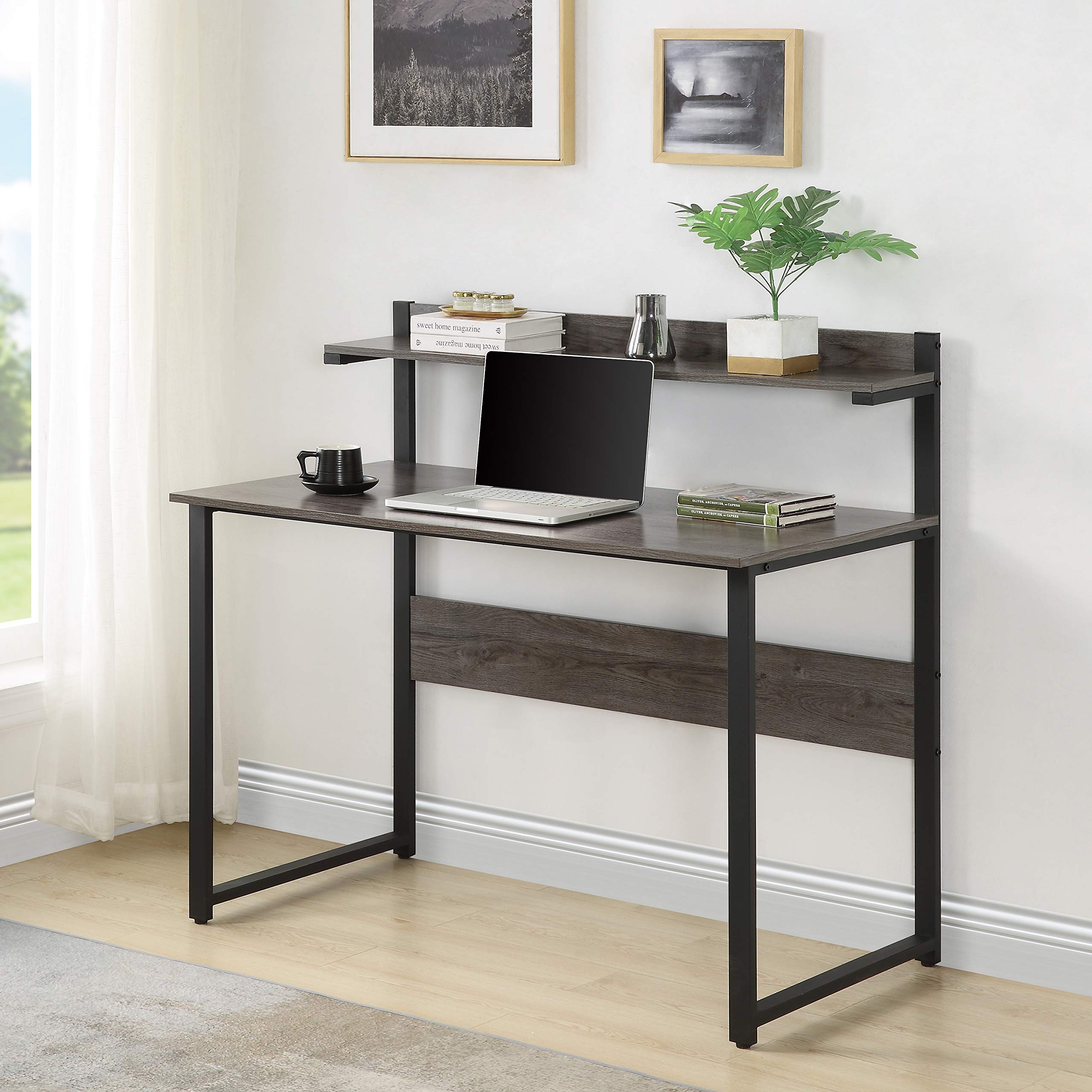 Mancofy Home Office Computer Desk with Storage Shelves - Small Study Writing Desk for Work & Gaming - Modern Simple Style Study Table with Stable Metal Frame - Easy Assembly (Brown) - Perfect for Small Spaces, Dorm Rooms & Home Offices