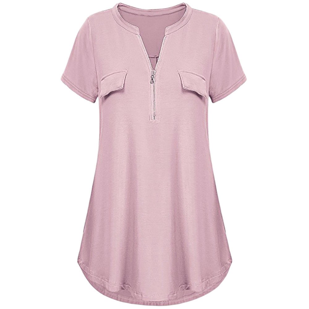 WUAI Women's Henley V-Neck Short Sleeve Flowy Blouse - Casual Summer Zip Top Shirt for Beach, Travel & Everyday Wear