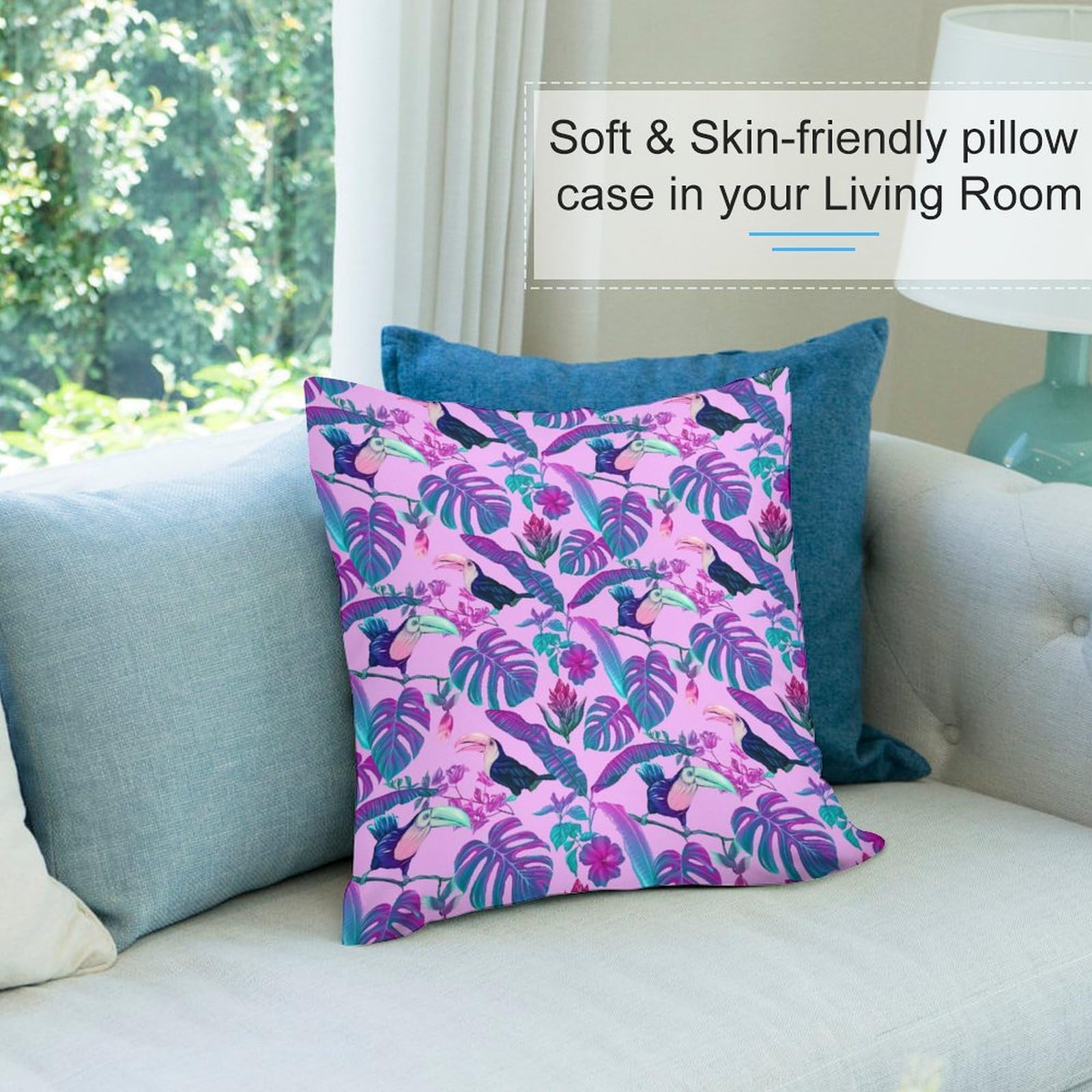 Soft Tropical Monstera & Toucan Plush Pillow Covers Set of 4 - 26x26 Inch Smooth Cushion Cases for Sofa, Bed, Living Room Decor | Perfect for Home, Nursery, Dorm & Gift