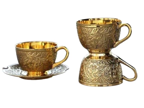 **Handcrafted Pure Brass Tea Cup and Saucer Set with Embossed Design - 150ml (4-Piece) - Perfect for Serving Chai, Coffee, or Herbal Tea at Home, Office, or Traditional Ceremonies**