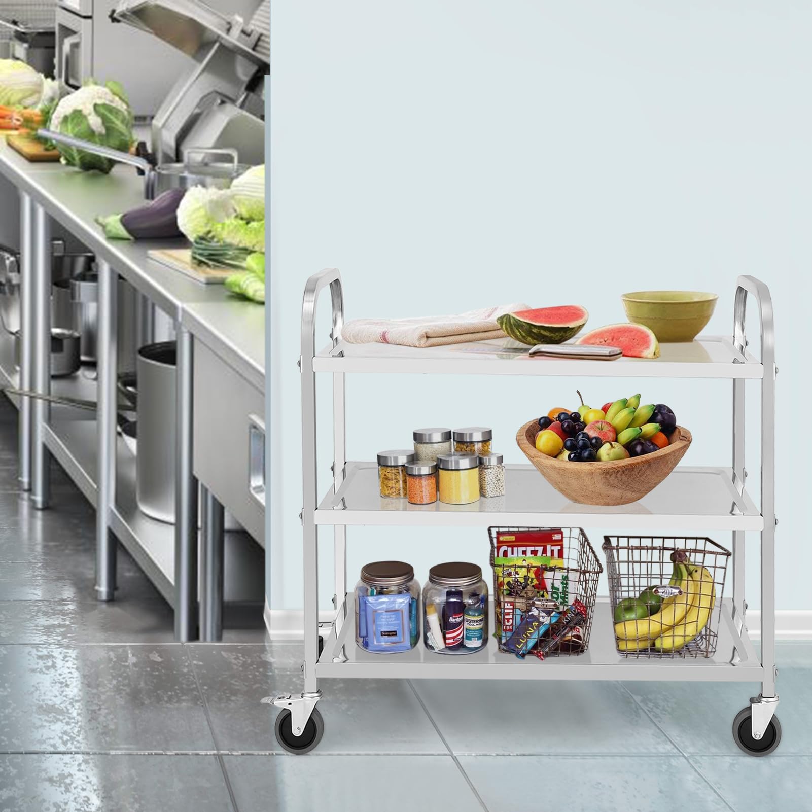 GARVEE 3-Tier Heavy Duty Stainless Steel Rolling Utility Cart with Handle & Locking Wheels - 265Lbs Capacity for Kitchen, Restaurant, Hospital, Lab, Home - Perfect for Food Service, Medical Supplies Storage & Mobile Workstation