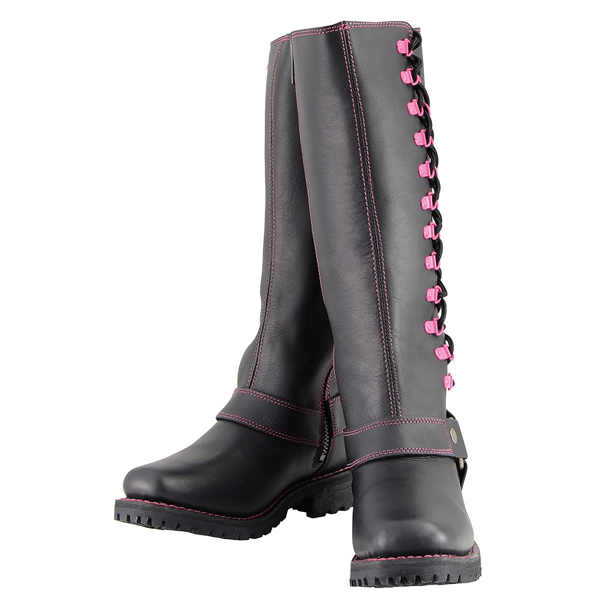 Milwaukee MBL9366 Women's 14-Inch Black Leather Motorcycle Boots with Purple Accent Lacing - Durable Riding Boots for Harley Davidson & Cruiser Bikes