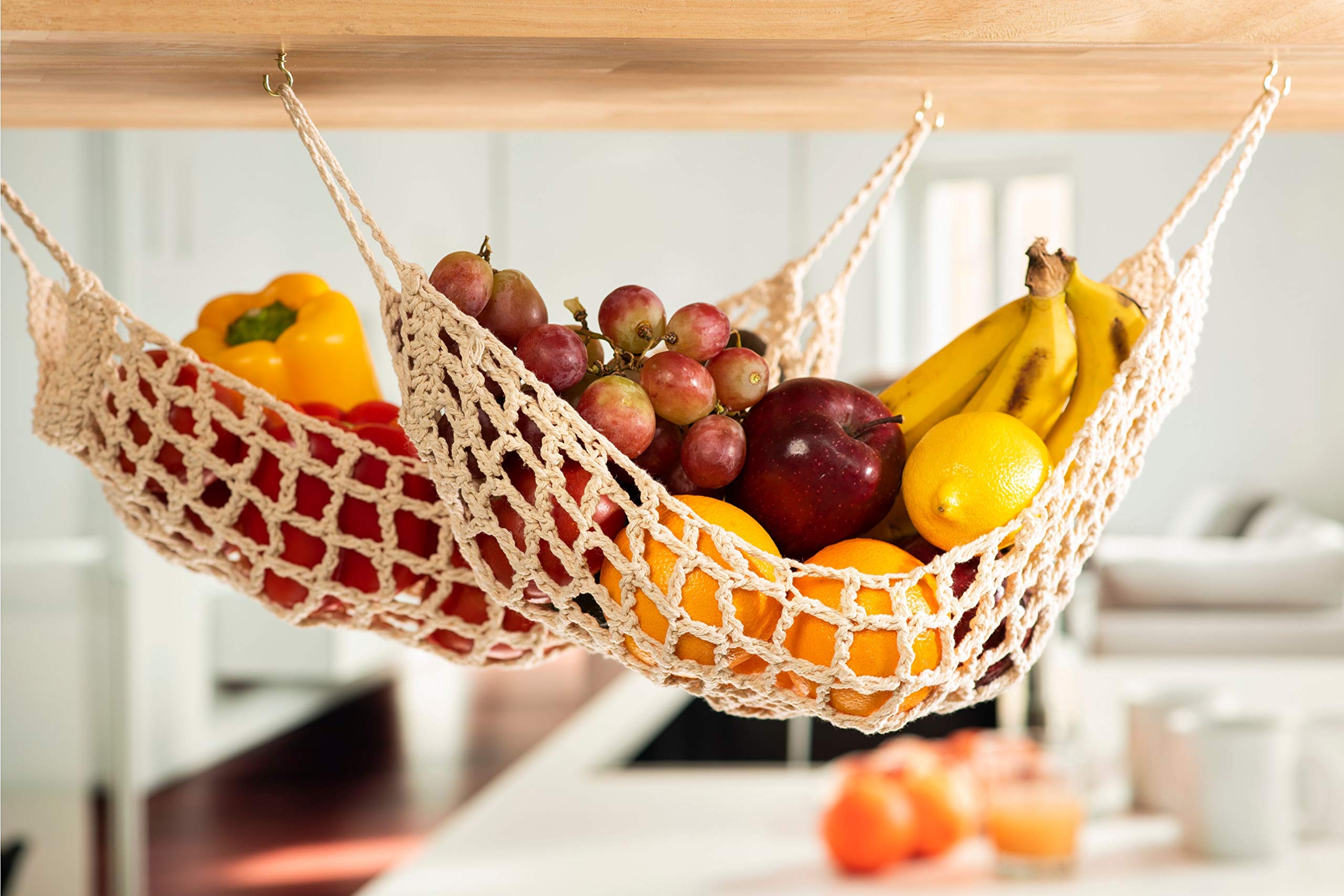 3 Pack Hanging Fruit Hammock - 3 Handwoven Cotton Vegetable & Banana Storage Baskets with 6 Hooks - Space Saving Kitchen Organizer for Counter, Cabinet, RV or Boat - Perfect for Storing Fruits, Vegetables & Kitchen Essentials